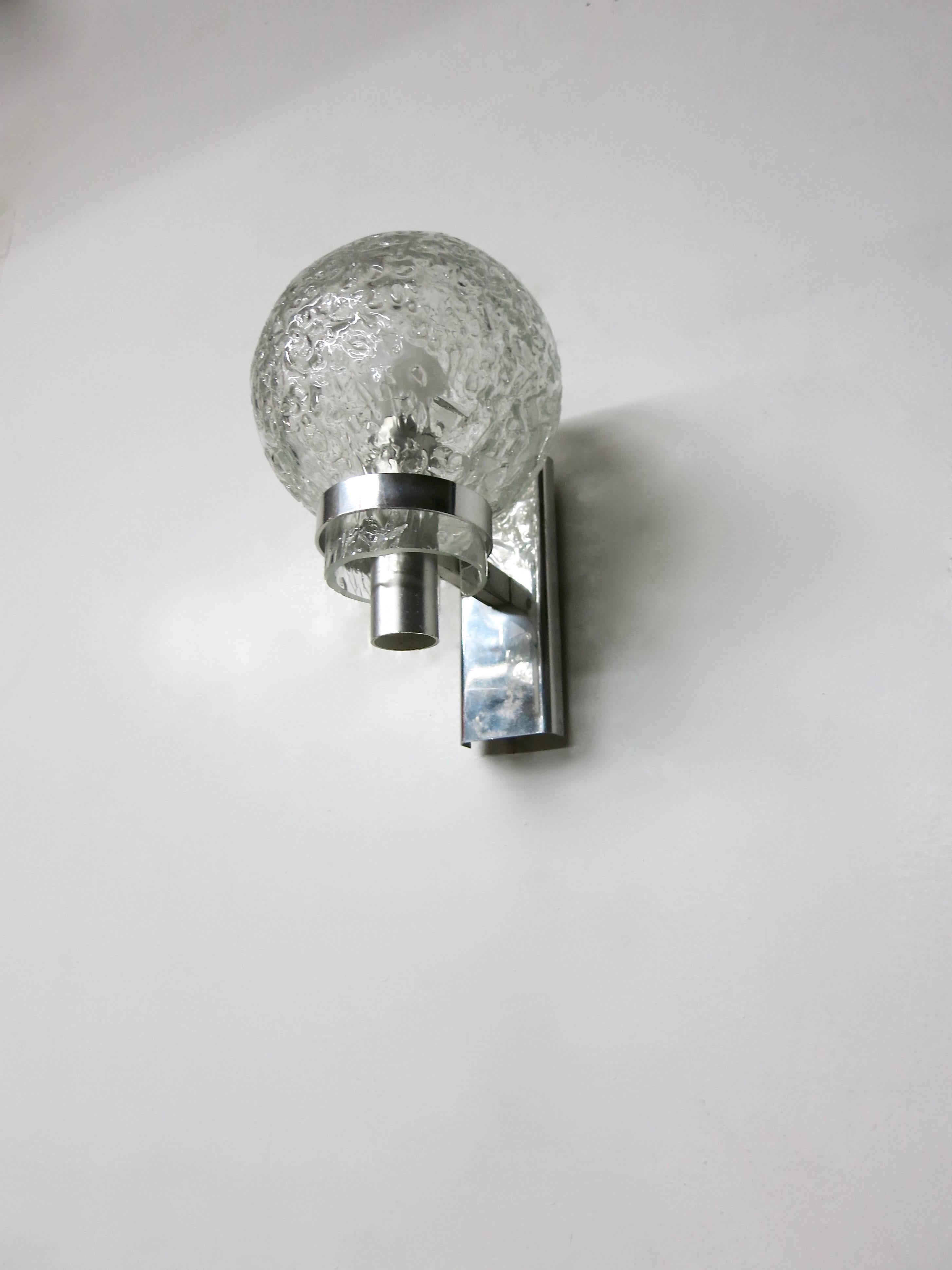 Italian Pair of Sconces chrome with textured glass shade Circa 1970 Made in Italy