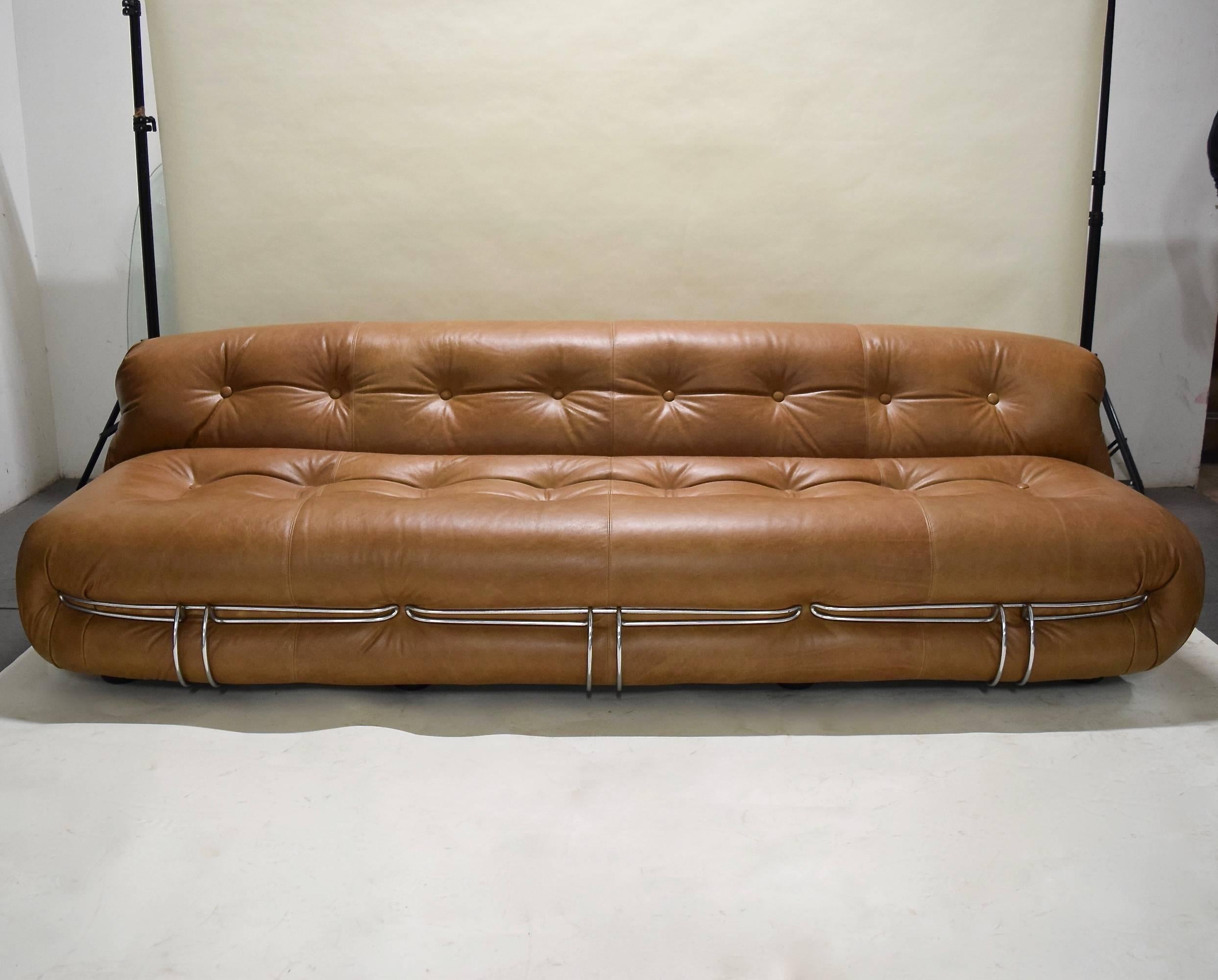 Three-piece Soriana set designed by Tobia Scarpa for Cassina and imported by Atelier International, all pieces in perfect condition and the set includes a large sofa, a chaise longue and ottoman that have all been upholstered in caramel colored