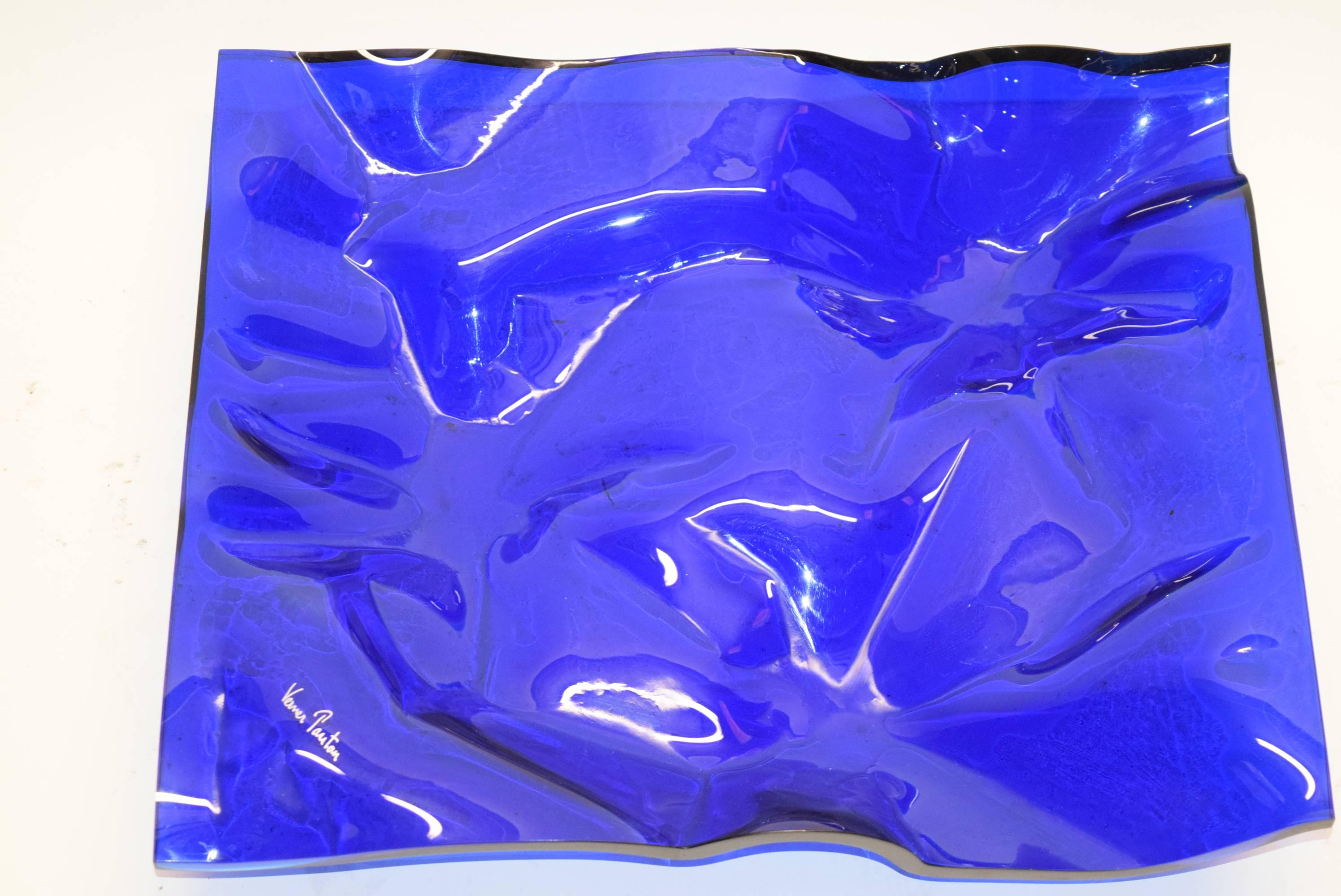 High polished blue acrylic fruit bowl designed by Verner Panton was manufactured by Dansk from 1988 to 1992. The blue edition is no longer available.