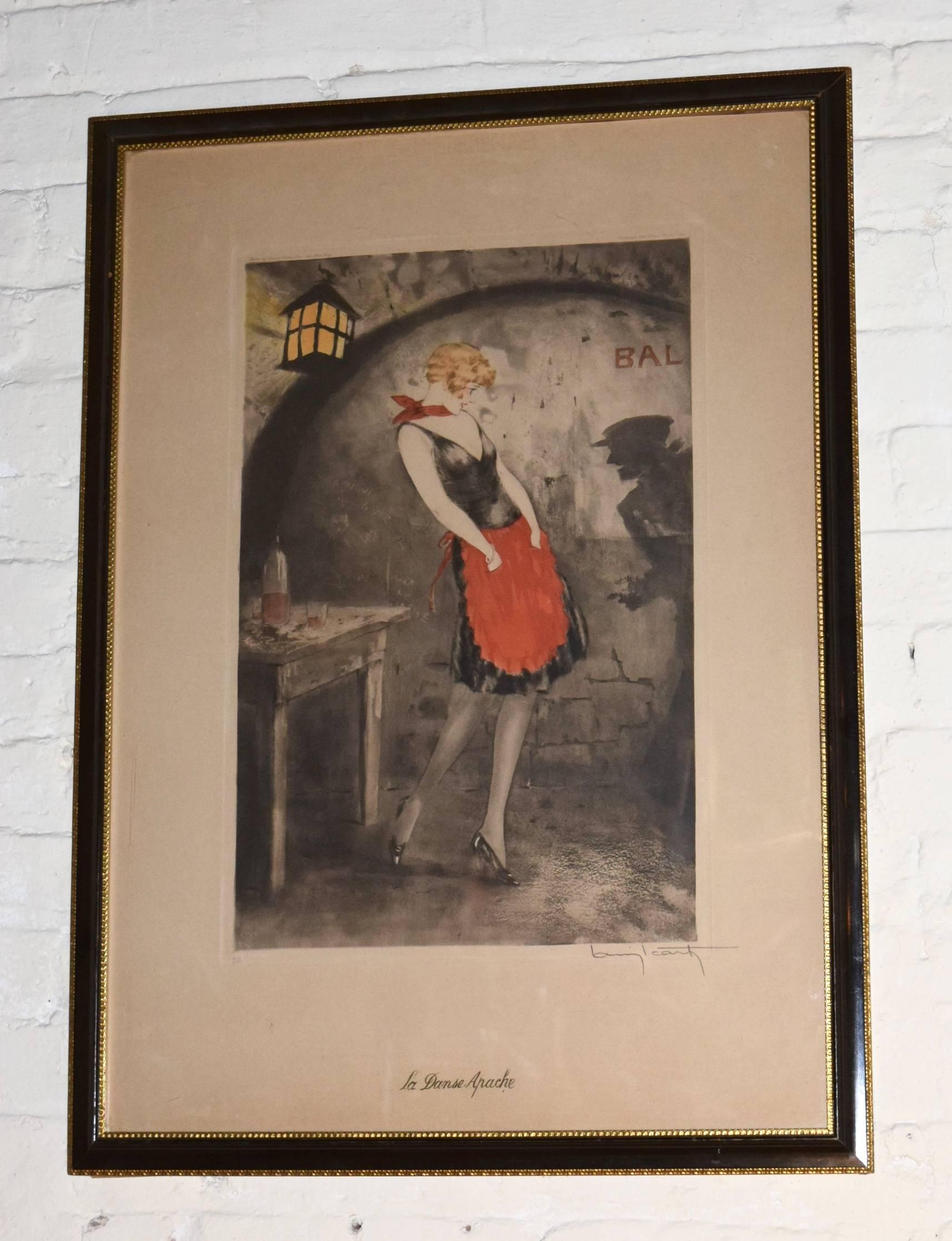 Etching on paper mounted on paperboard titled "La Danse Apache" original design and copyright of Louis Icart 1929 in excellent condition. The artwork is hand signed by the artist, signed by the editor and the artist's copyright, numbered