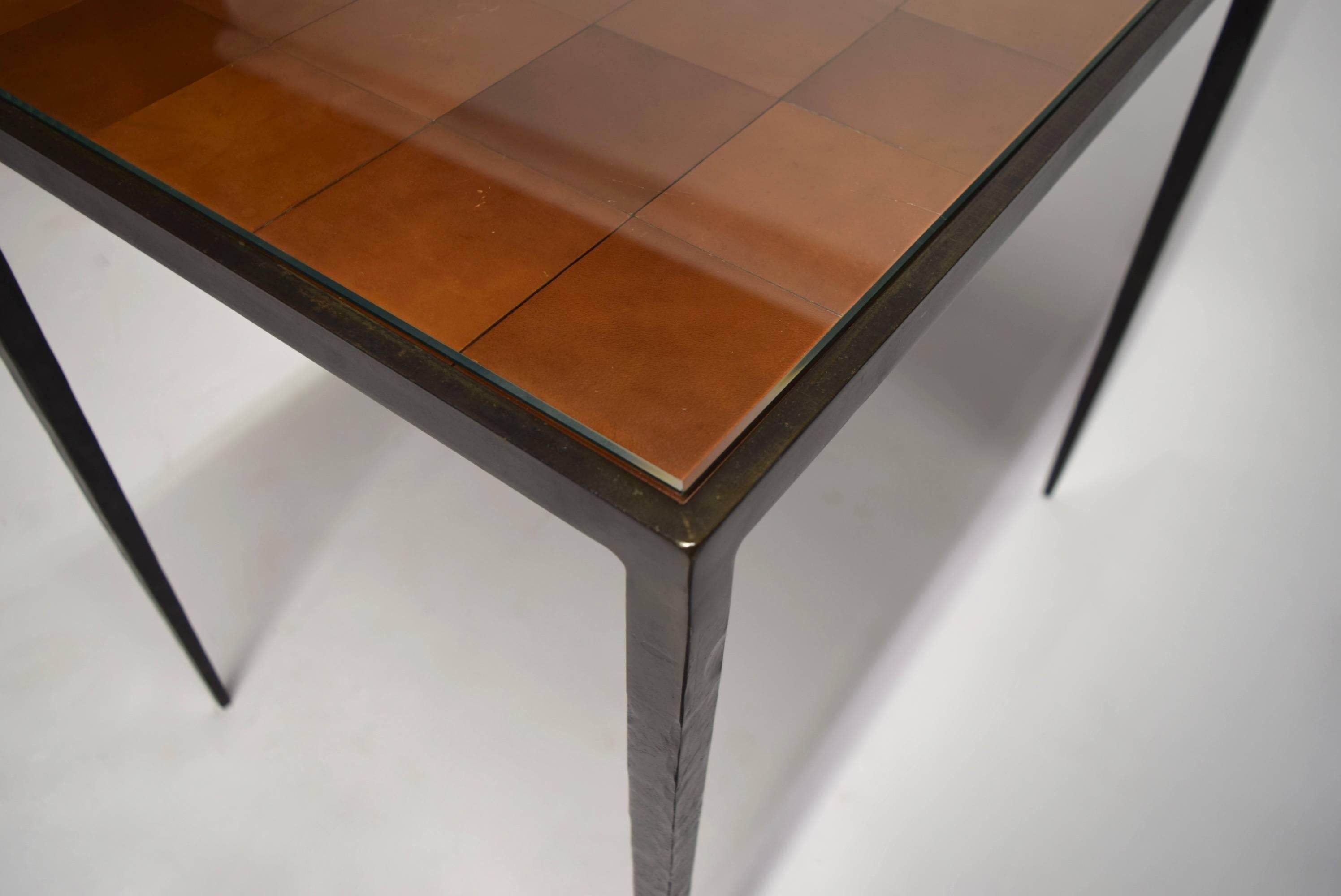 20th Century Table after Jean Michel Frank in Hammered Bronze and Leather, C. 1960