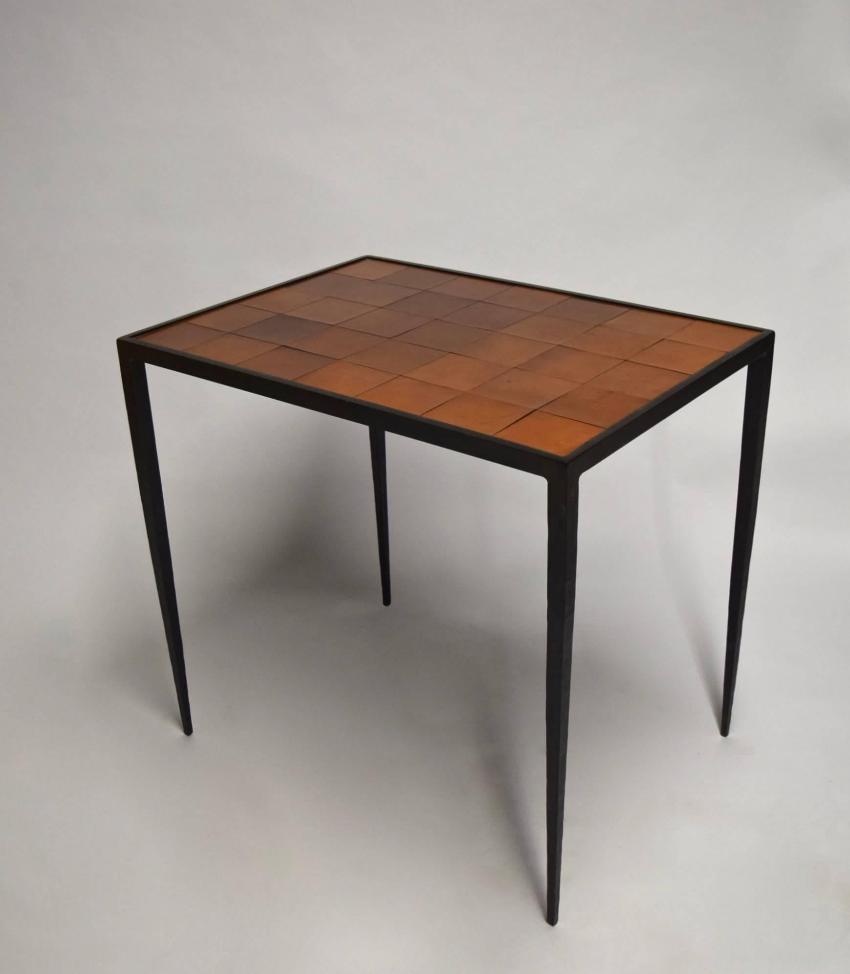 Metal Table after Jean Michel Frank in Hammered Bronze and Leather, C. 1960