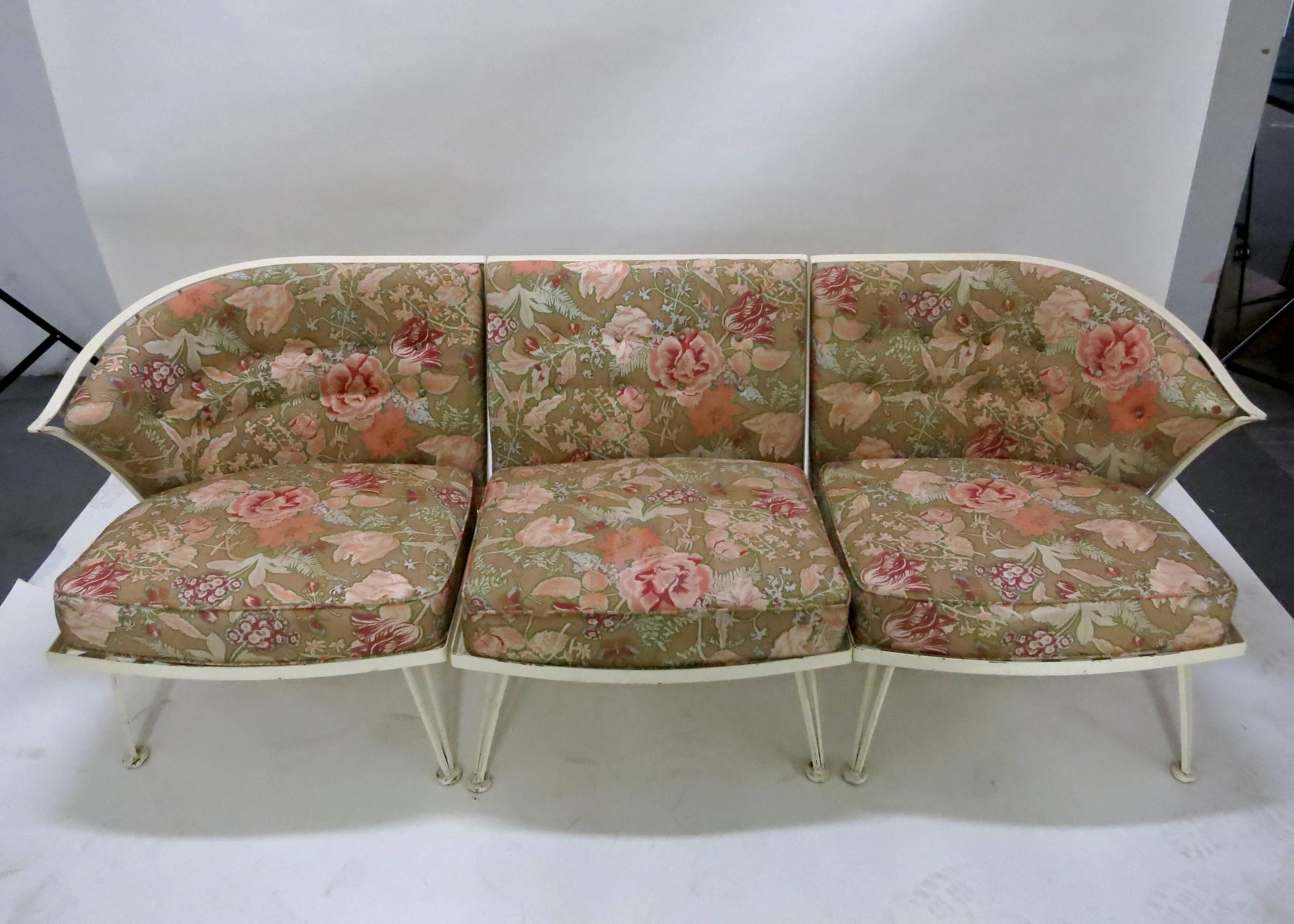 A three-piece Sectional garden sofa with a curved back original fabric and two chairs listed separately and another three-piece sectional available. Can be arranged as a four-seat with a loveseat and two side chairs.