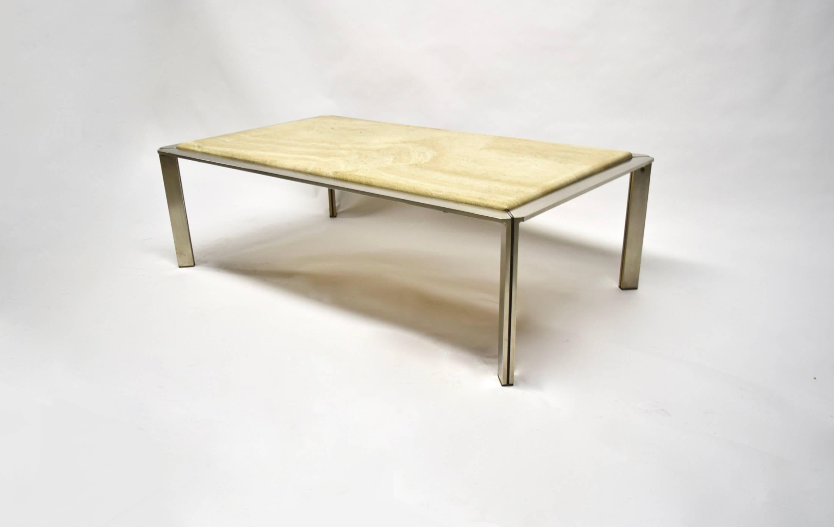 French Steel Coffee Table with a Travertine Top circa 1970, made in France For Sale