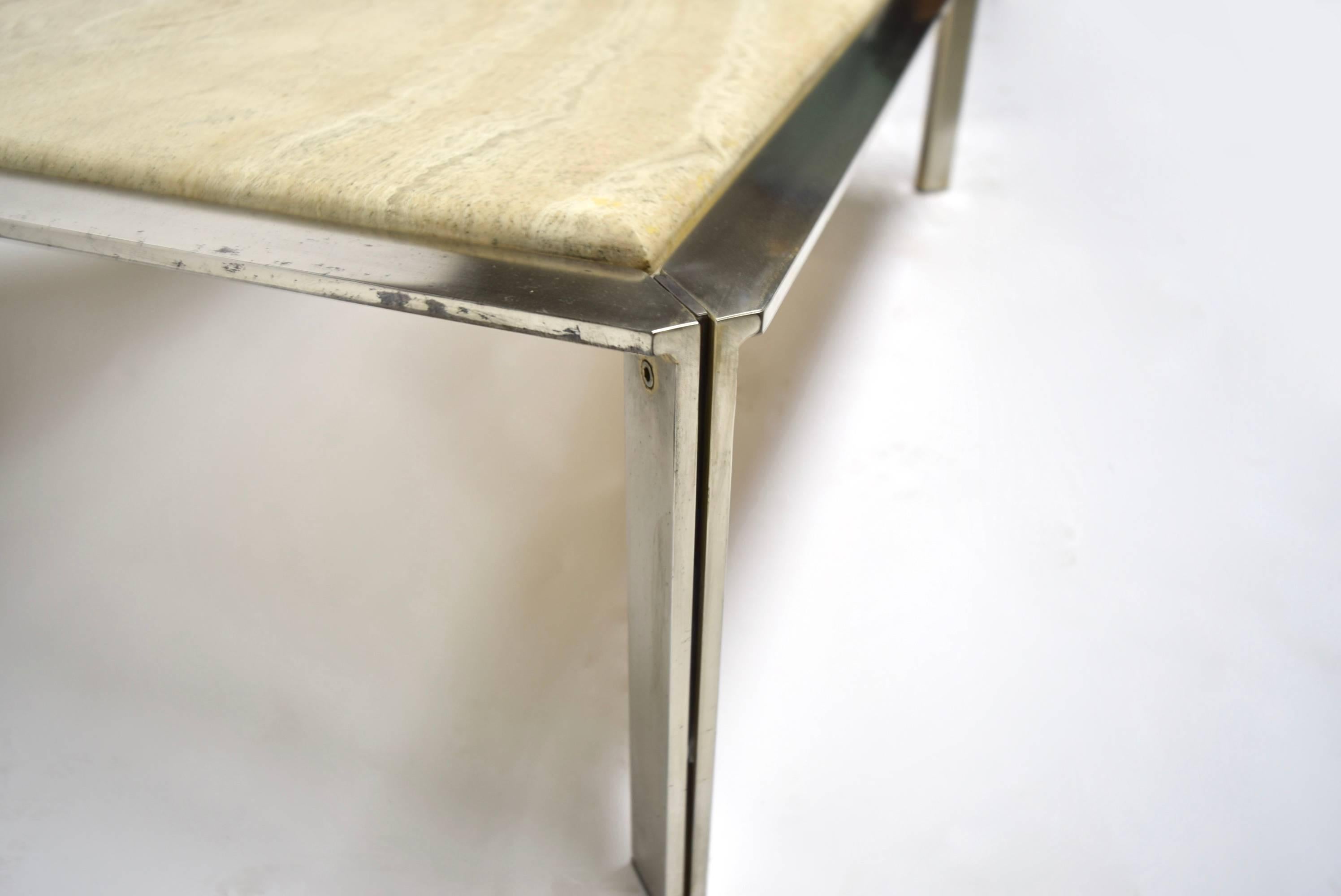 Late 20th Century Steel Coffee Table with a Travertine Top circa 1970, made in France For Sale
