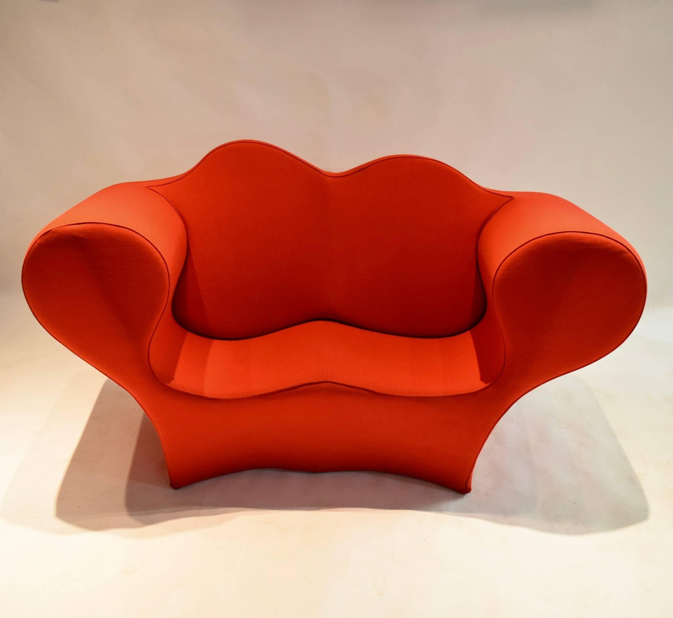 Double Soft Big Easy settee designed by Ron Arad for Moroso in original red wool felt; the sofa was purchased in the early 1990s from its previous, sole owner prior to our acquirement and it is in excellent condition.