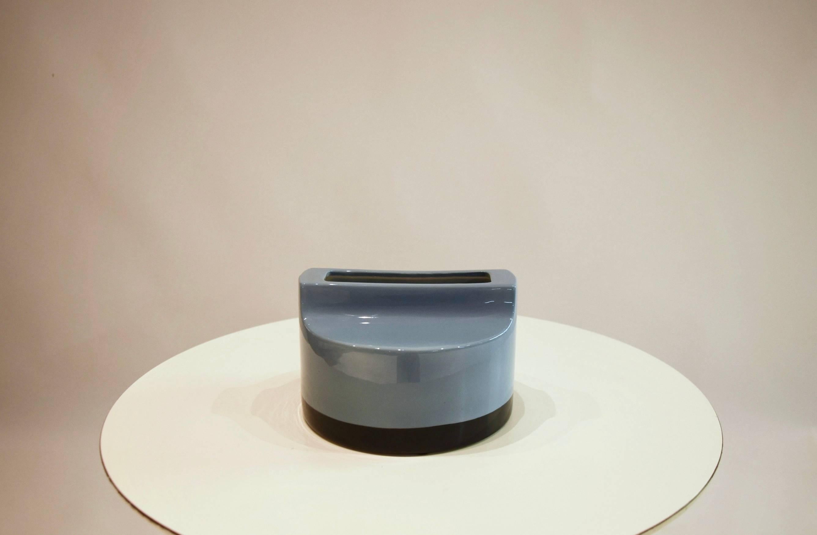 Light blue glazed ceramic vase with a navy blue border from Ettore Sottsass's 