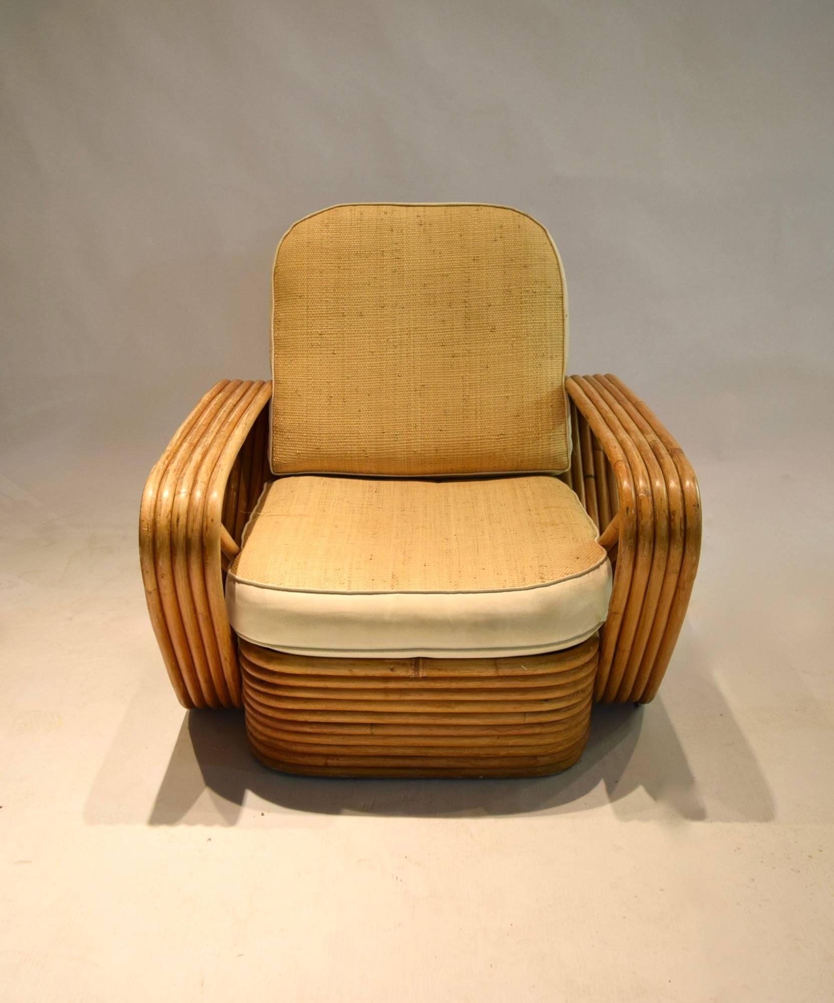 Mid-Century Modern Pair of 5-Reed Bamboo Lounge Chairs, with Ottoman Paul Frankl, circa 1940