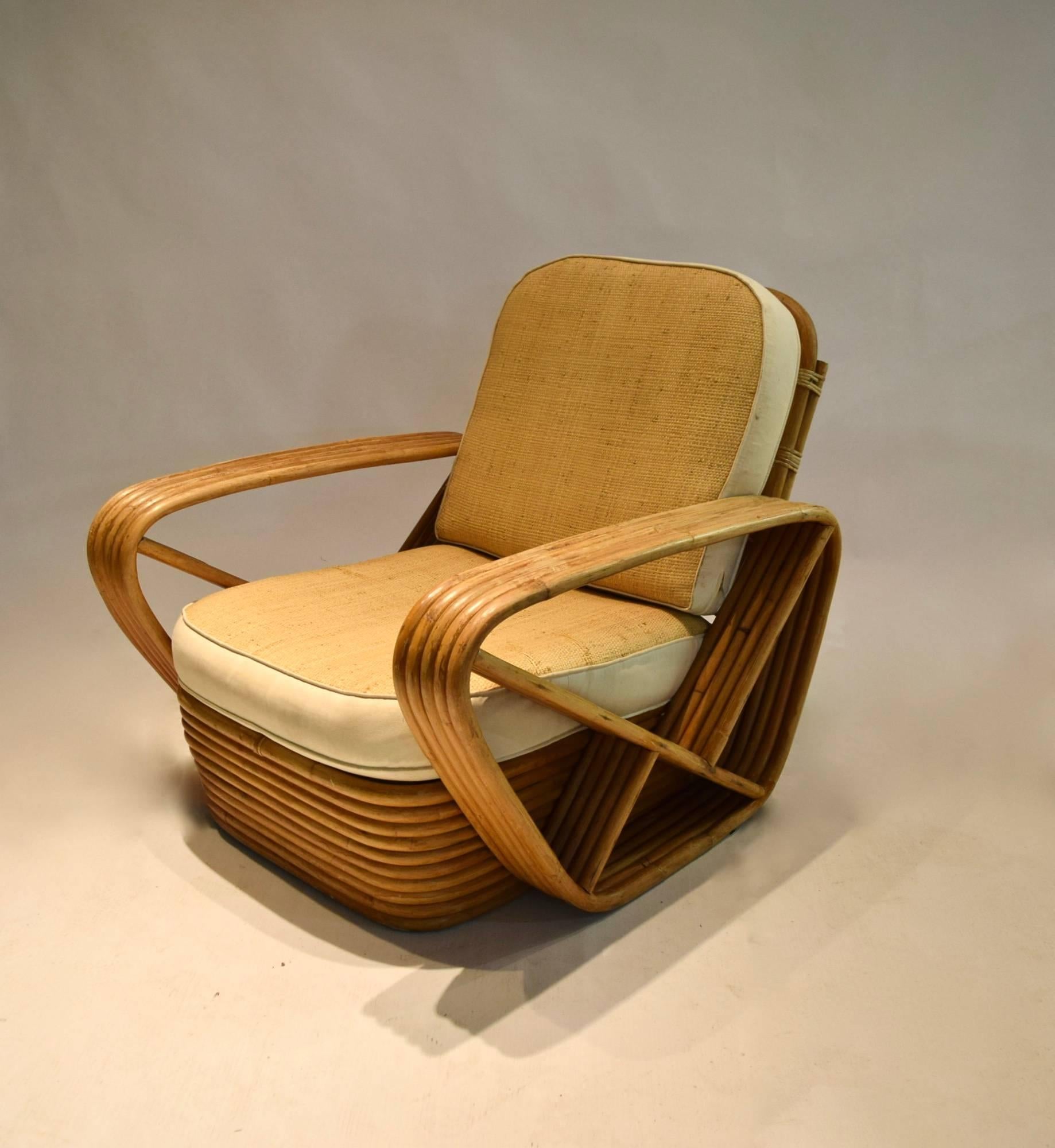 Pair of 5-Reed Bamboo Lounge Chairs, with Ottoman Paul Frankl, circa 1940 In Good Condition In Jersey City, NJ