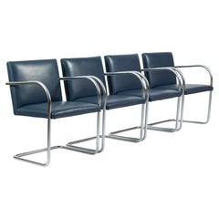 Mid Century Blue Leather Brno Arm Chairs by Mies van der Rohe for Knoll Set of 4