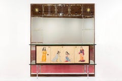 Mid Century Mirrored Bar Cabinet Credenza with Asian Motif, Made in Italy