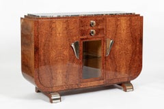 French Art Deco Amboyna Burl Sideboard or Bar Cabinet with Marble Top Circa 1930