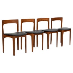 Mid Century Danish Teak Wood & Black Vinyl Dining Chairs, Set of 4