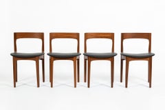 Mid Century Danish Teak Wood & Black Vinyl Dining Chairs, Set of 4