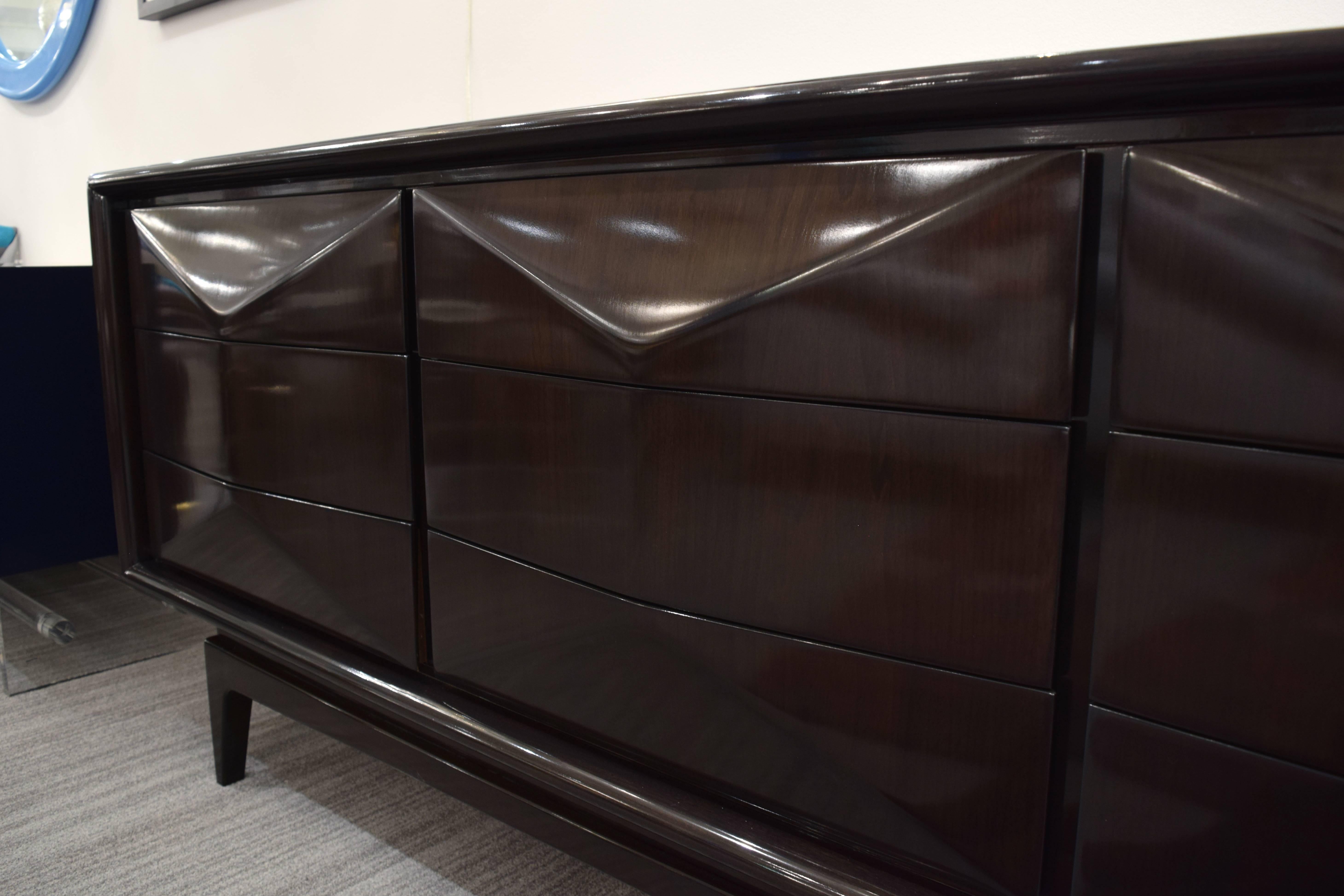 A Mid-Century Modern nine-drawer diamond front dresser, newly refinished in a high gloss lush chocolate finish.