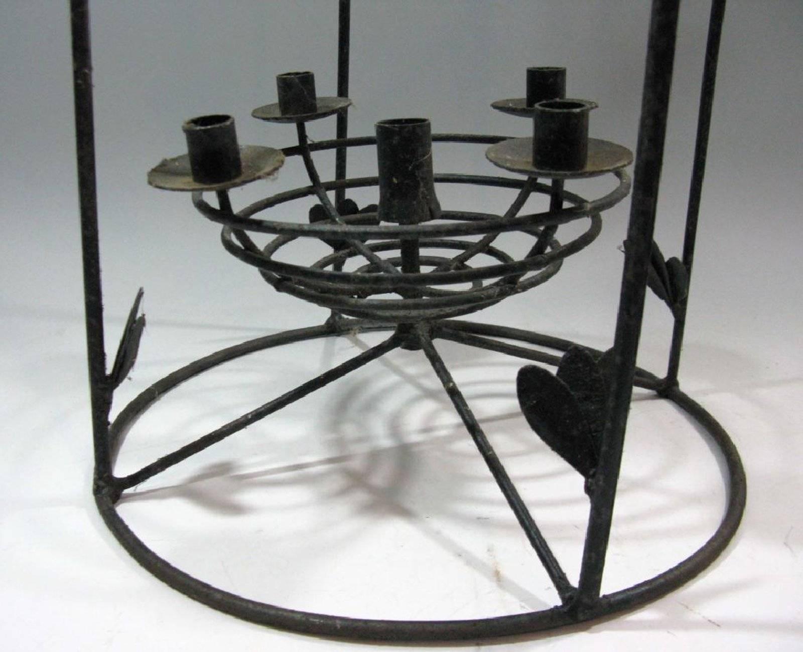 Forged Five-Light Wrought Iron Chandelier with Birds