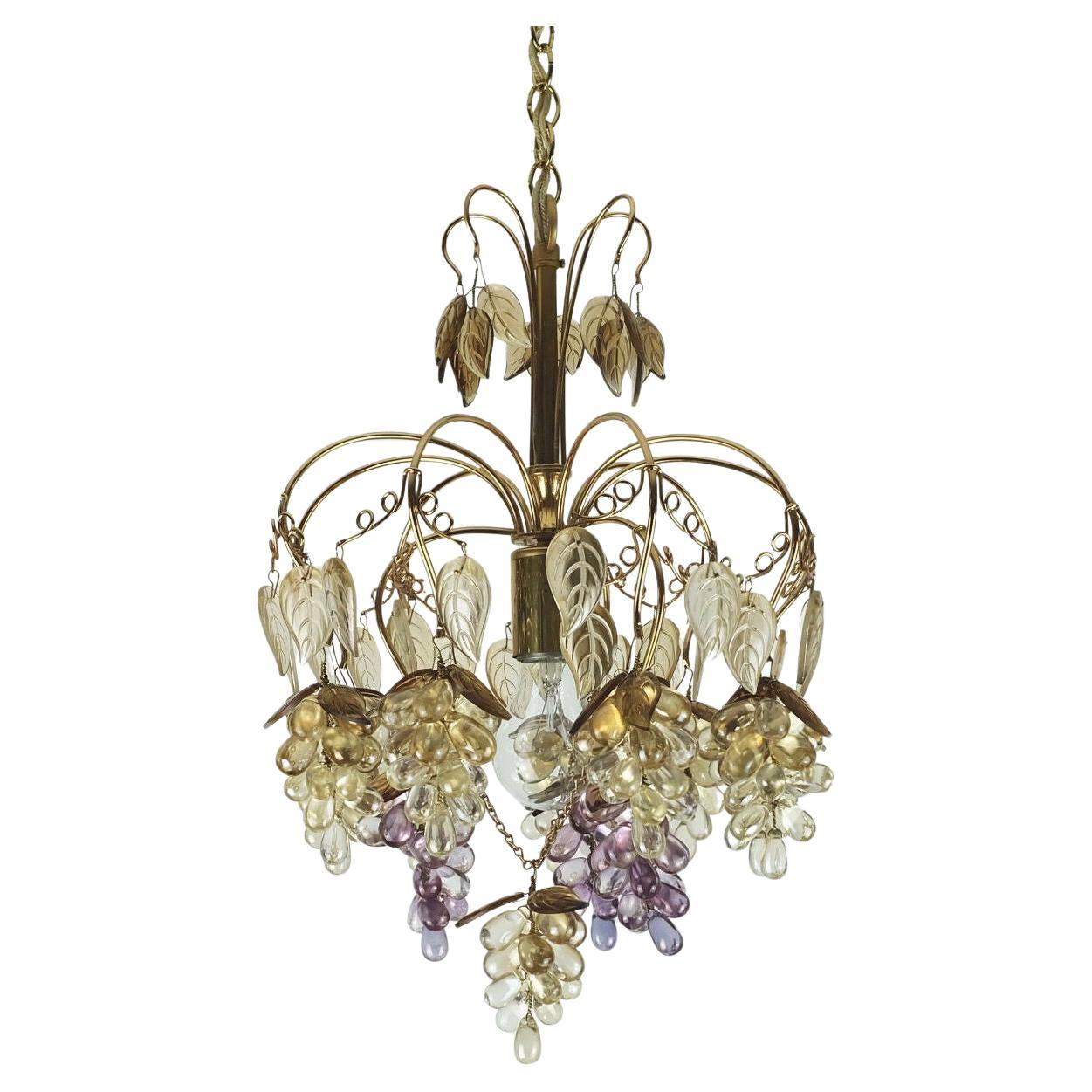 very rare palwa CHANDELIER 1970s crystal glass and gilted brass grapes and leave