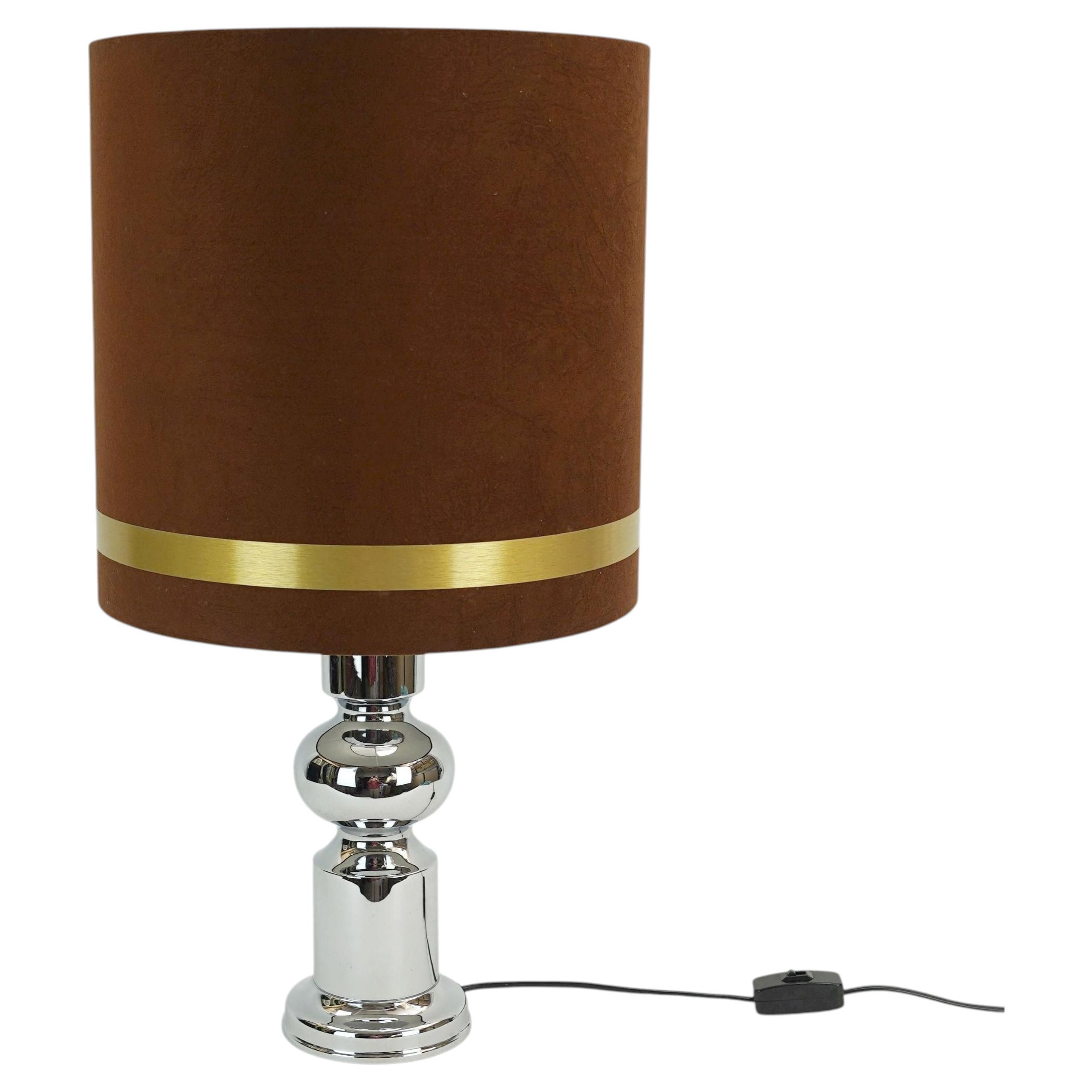 large 1970s TABLE LAMP aro-leuchten chrome base brown velvet lampshade For Sale