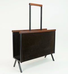 1960s mid century MAGAZINE RACK newspaper holder brown suede metal teakwood