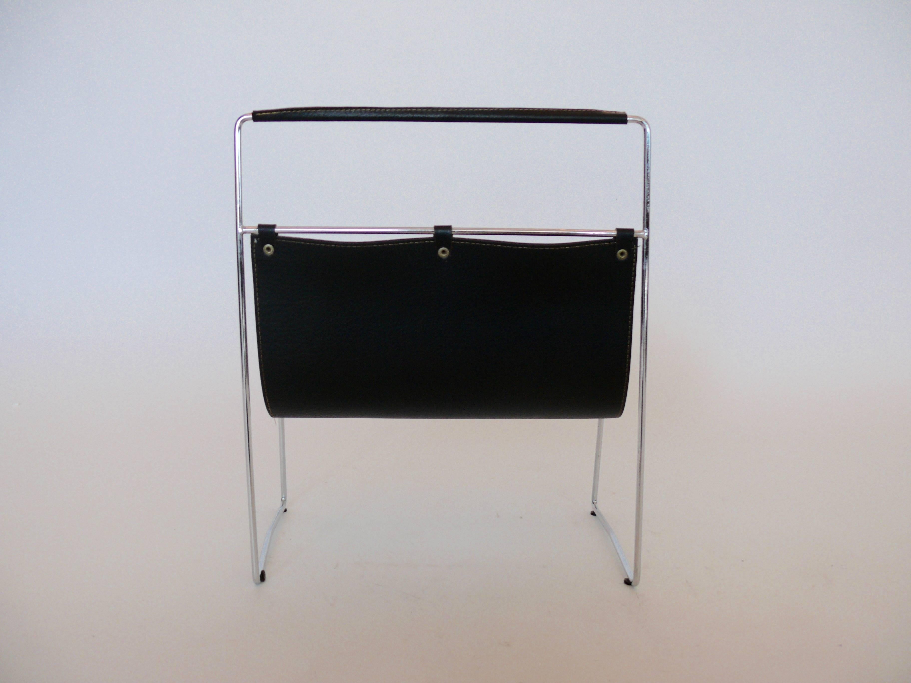 French Leather and Chrome Magazine Rack In Excellent Condition In Beverly Hills, CA