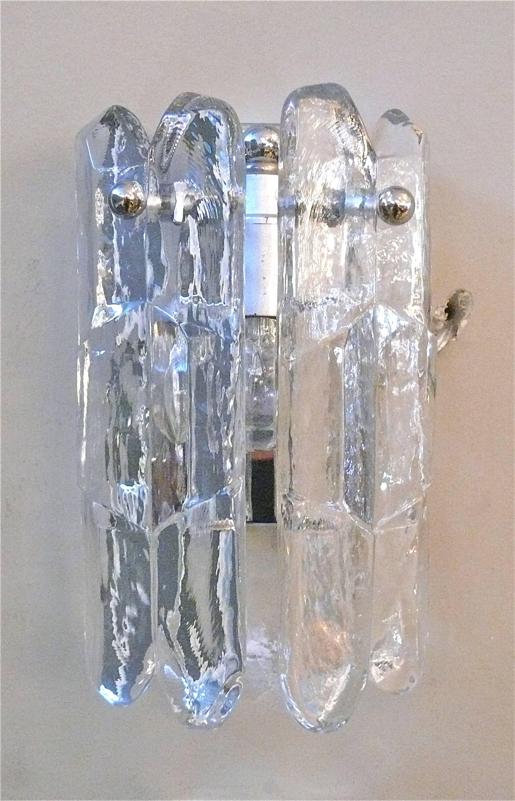 Pair of petite Kalmar Sconces with two icicle sheets of glass that hang from polished nickel finials. Gorgeous texture to glass and nickel backplates. Professionally rewired. Priced as a pair.