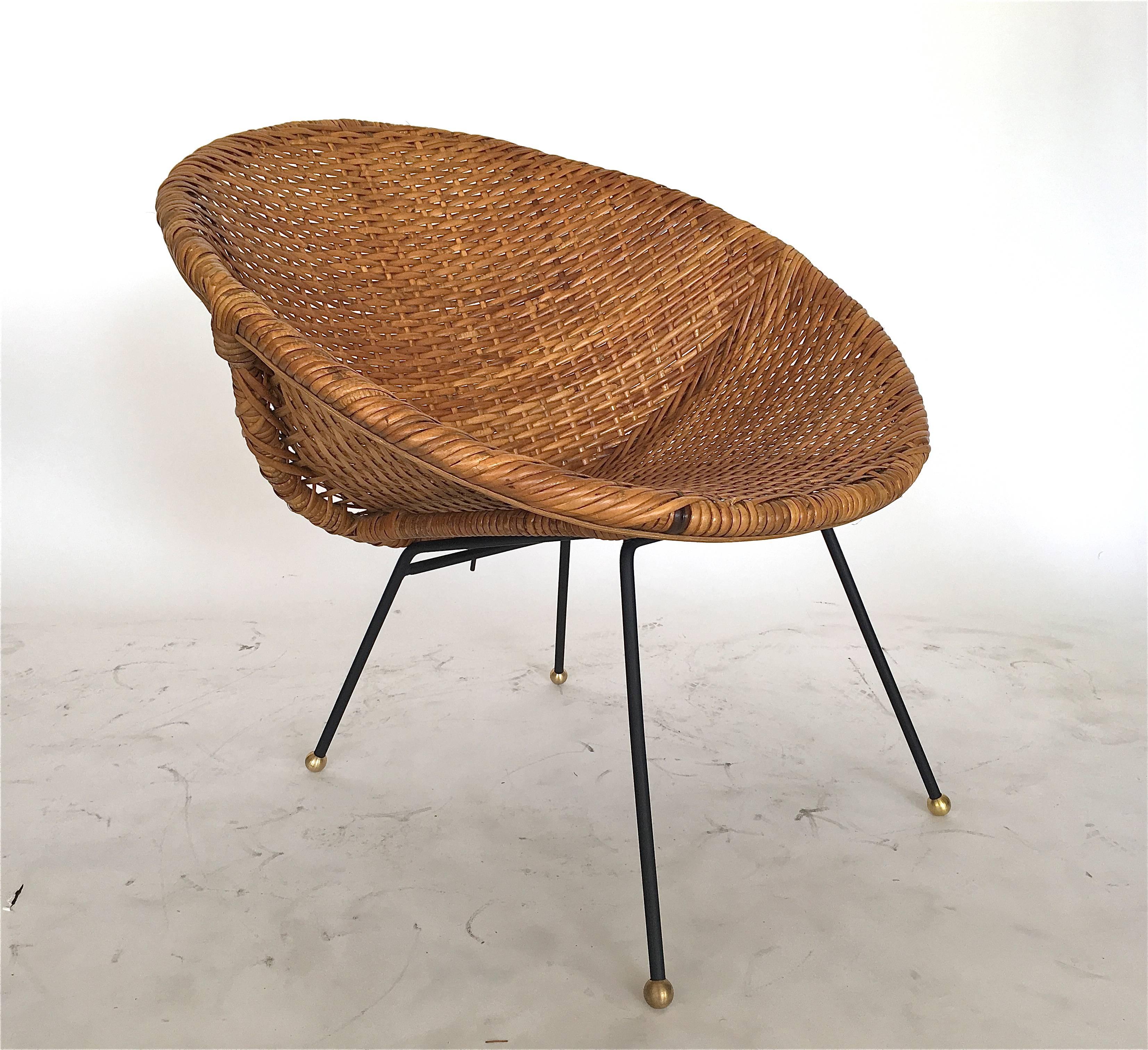 Mid-20th Century Woven Wicker and Iron Scoop Chairs