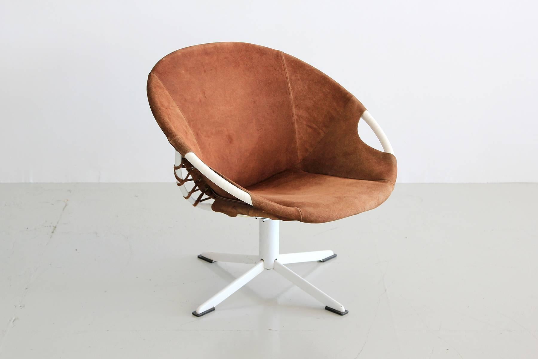 Unique pair of Austrian swivel chair with scoop chairs with chocolate brown suede seat, white iron swivel base and whip stitch detailing.