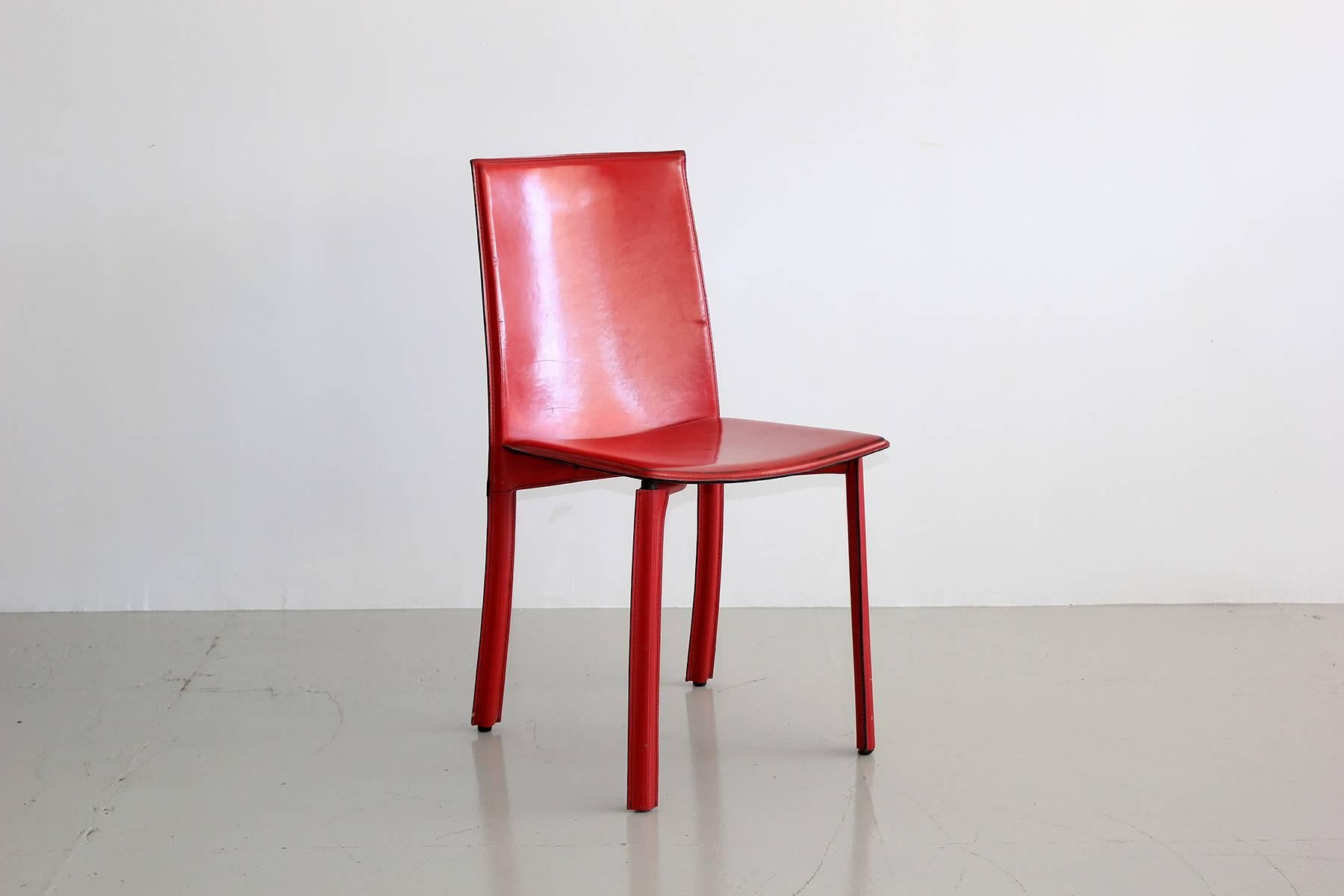 Set of three Cab style chairs in the style of Mario Bellini for Cassina. 
Great candy apple red leather with wonderful patina.
