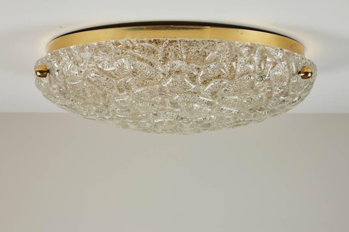 Gorgeous thick textured German glass flush mount with brass fixture and three brass knobs. Newly rewired. Great size and stunning design.