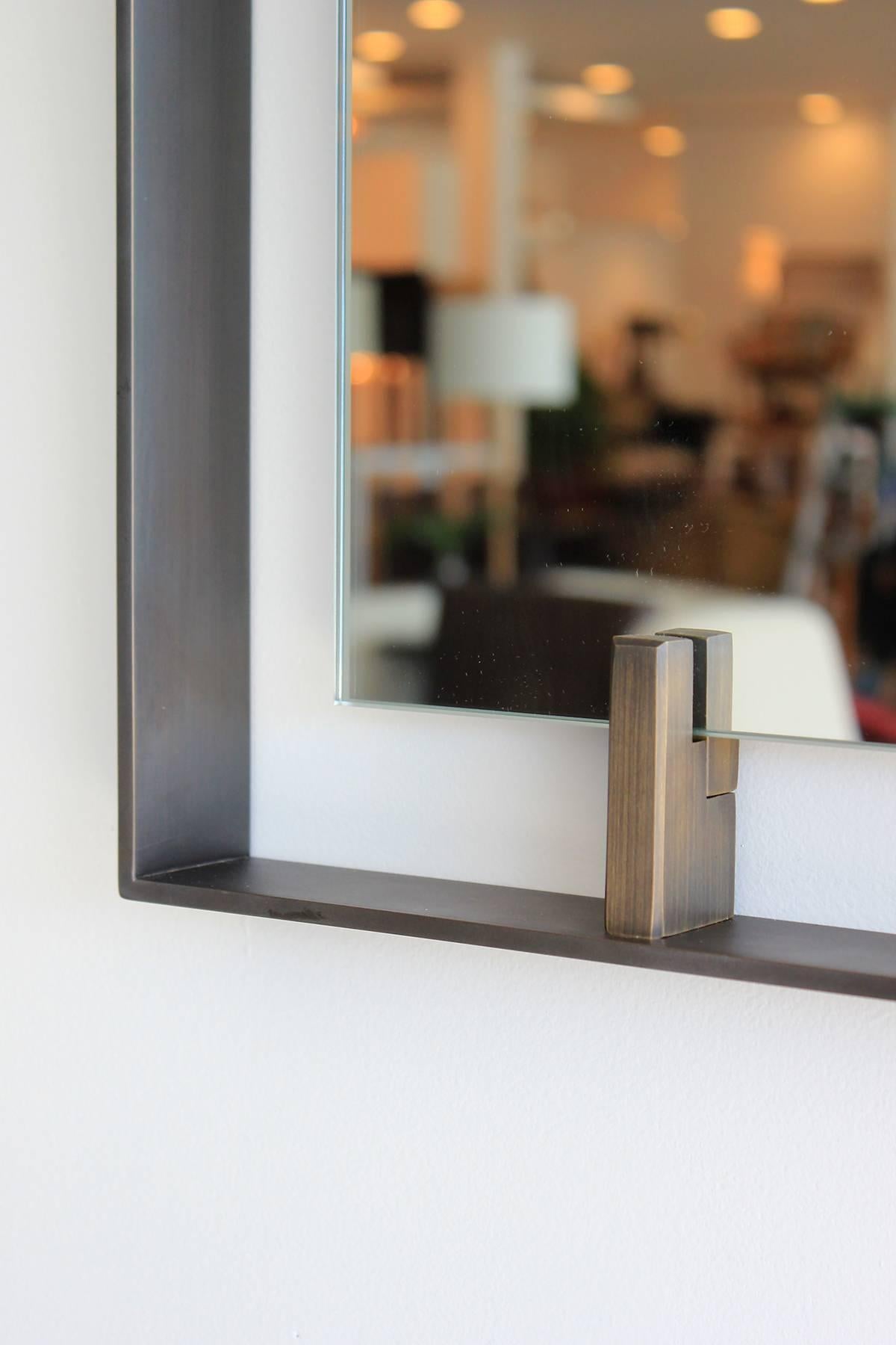 American Rectangular Metal and Leather Mirror For Sale