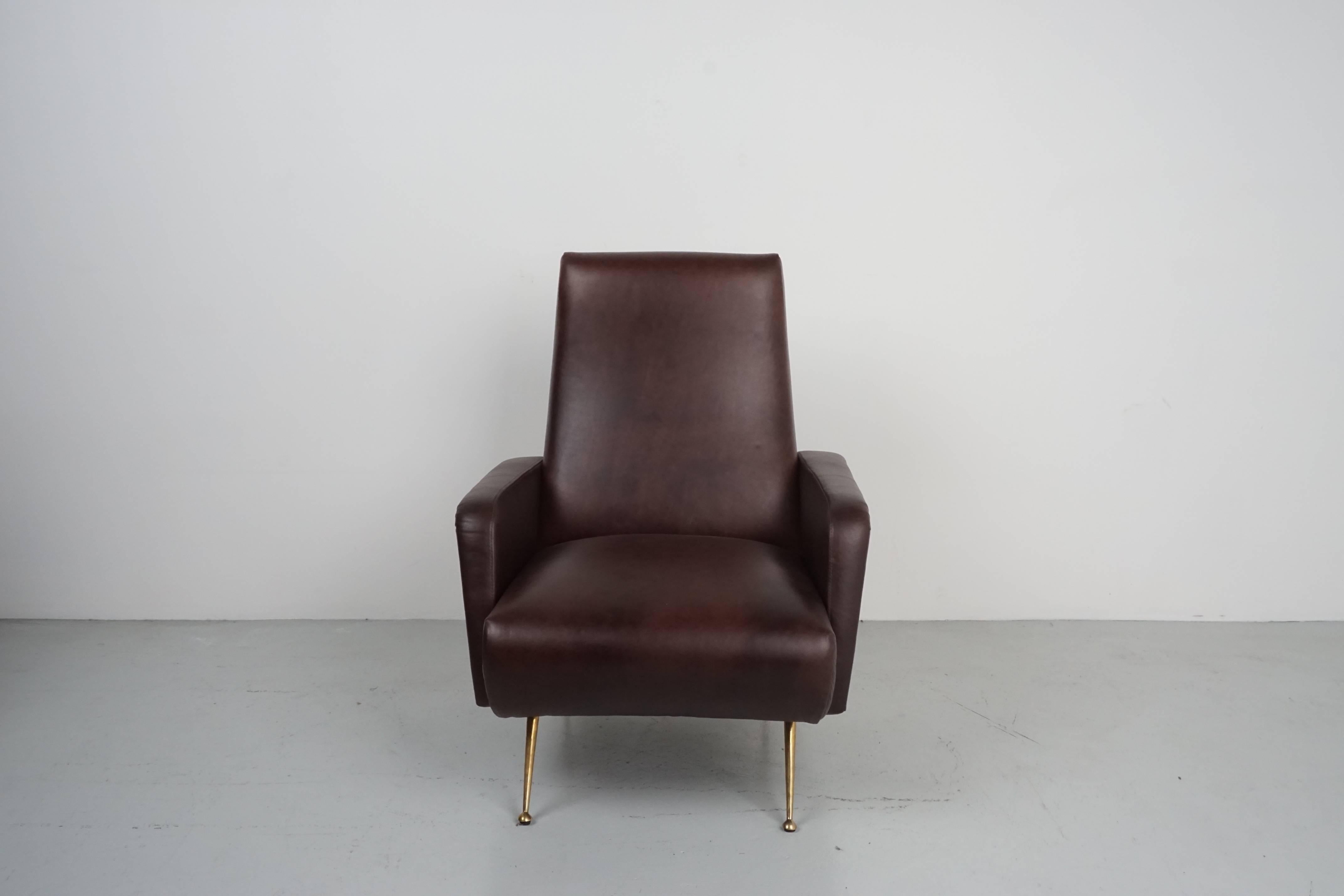 Fantastic pair of sculptural Italian chairs in the style of Marco Zanuso. Beautifully reupholstered dark chocolate brown leather and newly plated polished brass legs. Gorgeous from every angle!