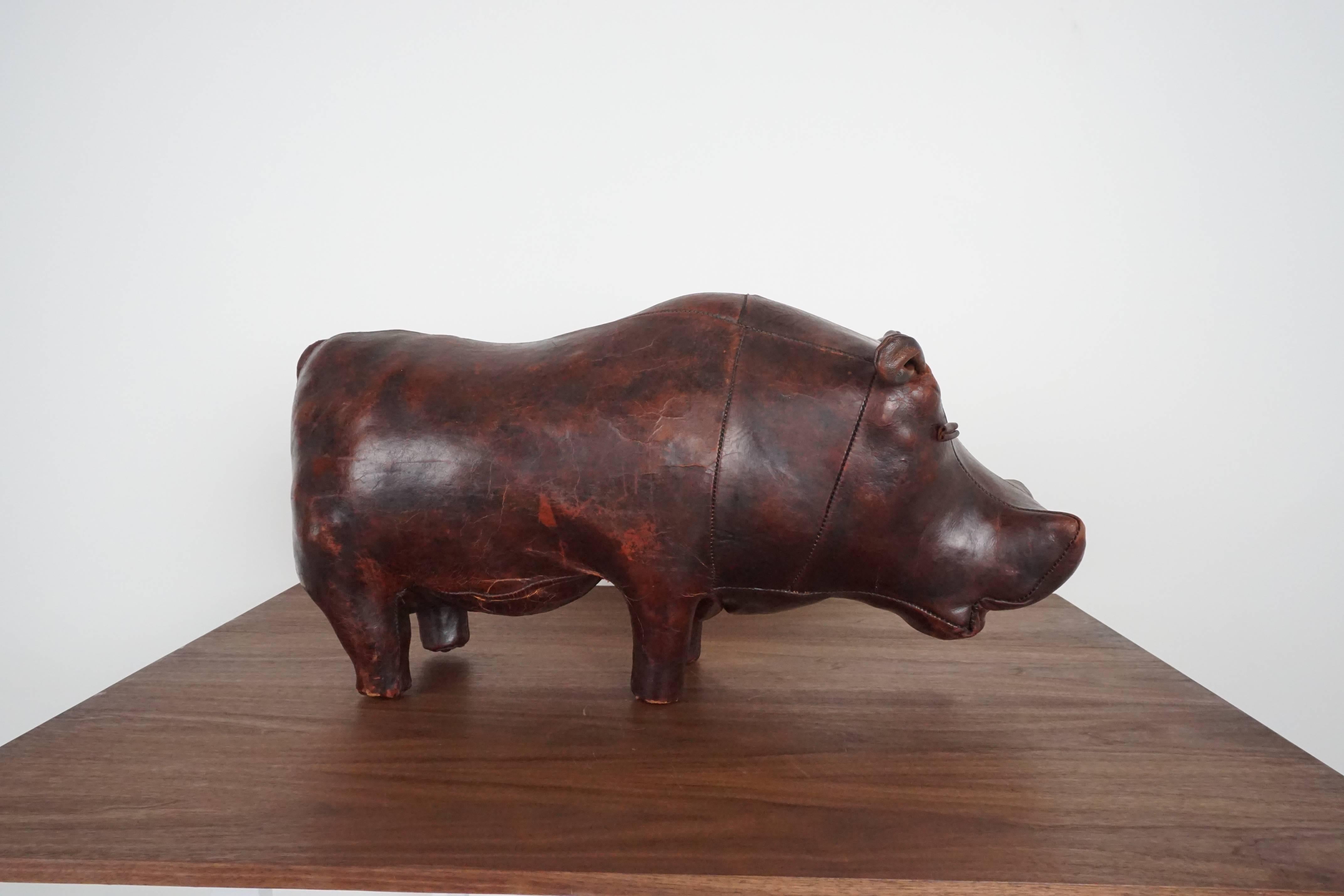 Large hippopotamus designed by Dimitri Omersa for Abercrombie & Fitch as a store display in the 1960s. Great patina to leather animal made by Omersa and hippo happens to be really cute!