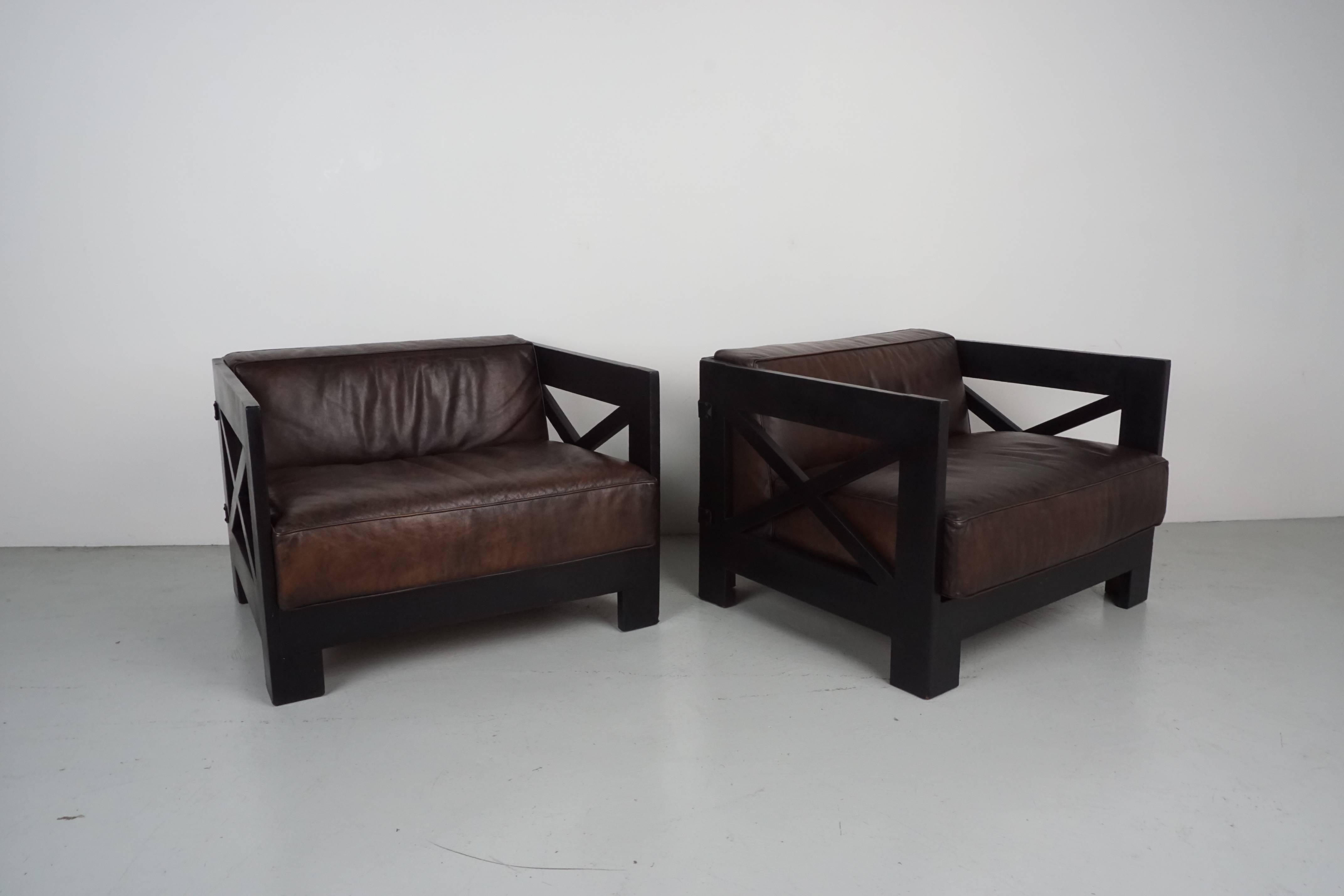 Pair of Leather Chairs by Jacques Adnet In Excellent Condition In Beverly Hills, CA