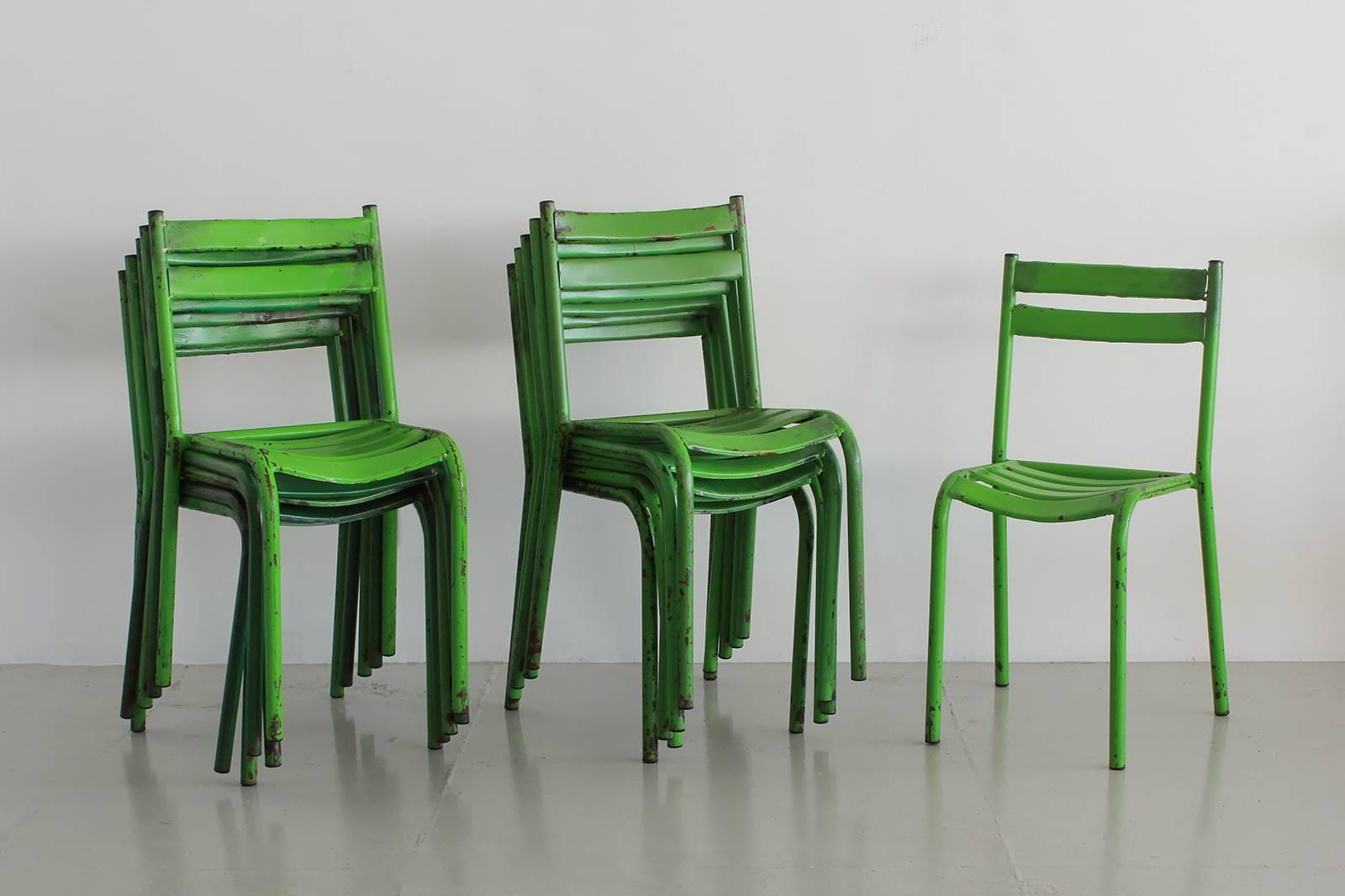  French Cafe chairs with fantastic green original paint. Wonderful patina and shape. Sold individually.
Currently a total of 9 
Sold 