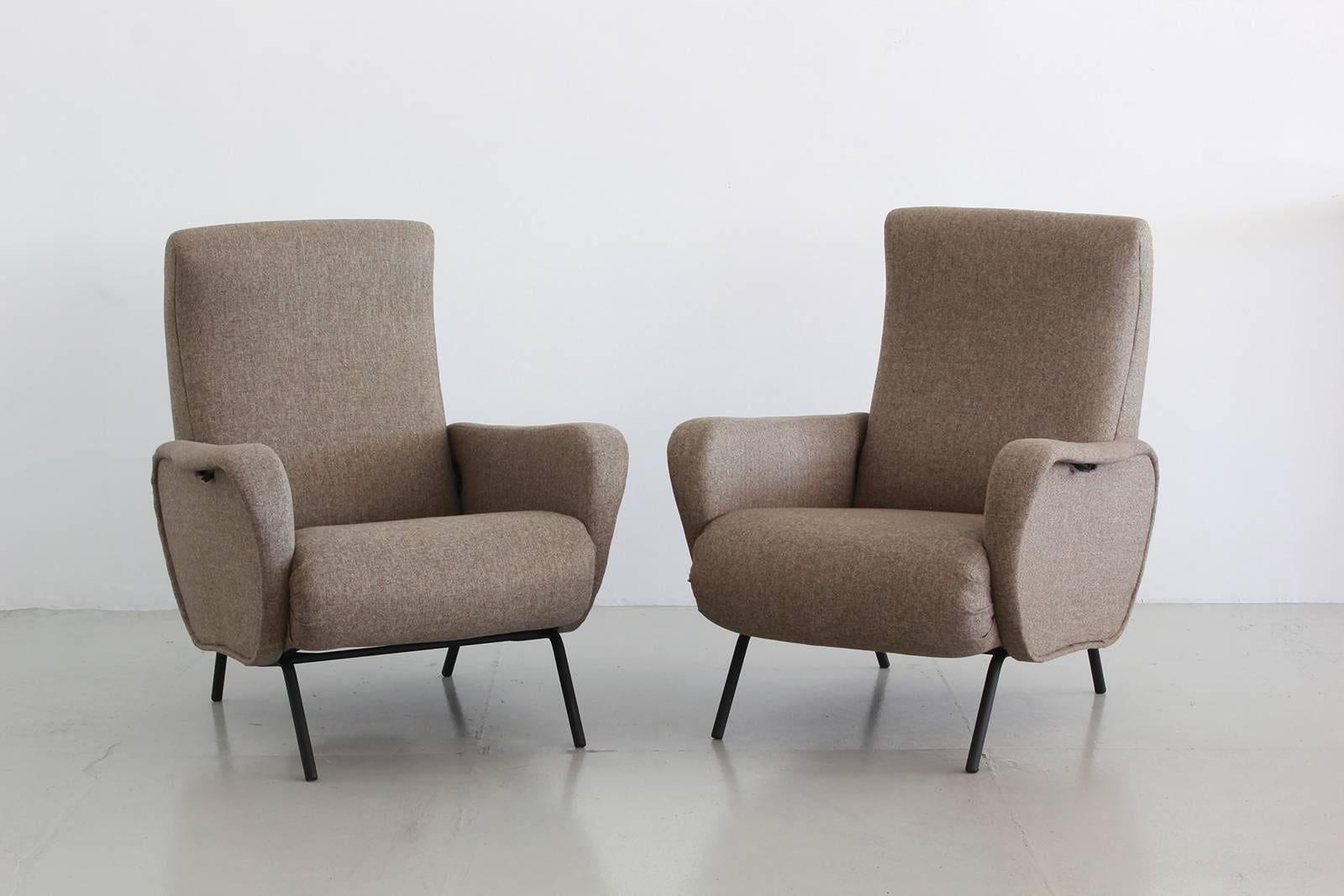 Wonderful pair of Italian reclining chairs reupholstered in heather felted wool.