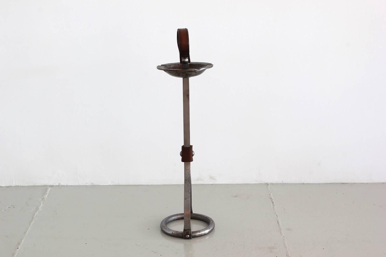 Jacques Adnet Metal and Leather Ashtray Stand In Excellent Condition In Beverly Hills, CA