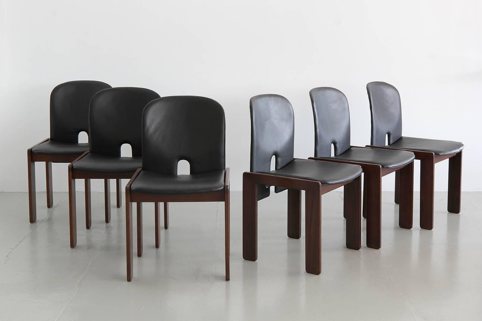 Set of six Afra & Tobia Scarpa chairs - model 121 for Cassina. 
Walnut with black leather.
Great patina.