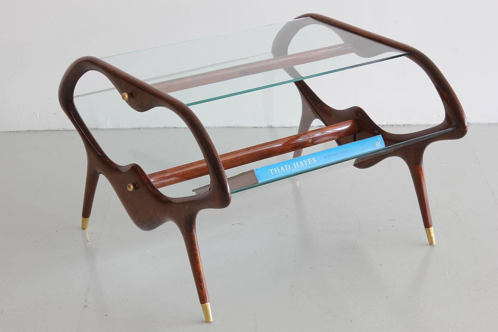 Italian Glass and Walnut Table and Magazine Stand In Good Condition In Beverly Hills, CA