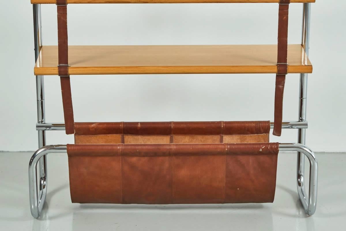 Mid-Century Modern Large Leather and Oak Wall Shelf by Luigi Massoni