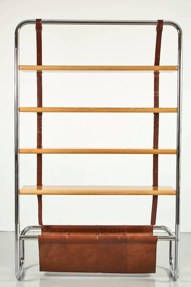 Large Leather and Oak Wall Shelf by Luigi Massoni 1