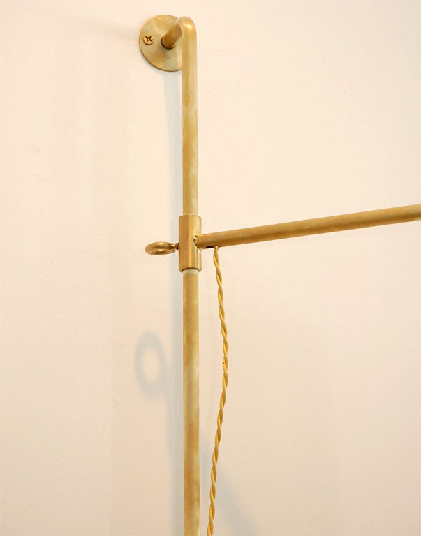 large-scale polished brass sconce with cantilevered arm holding new silk shade. Simple and Classic design perfect for any room. Available in multiple finishes. Price is for standard size listed - custom sizes can be made for additional fee.