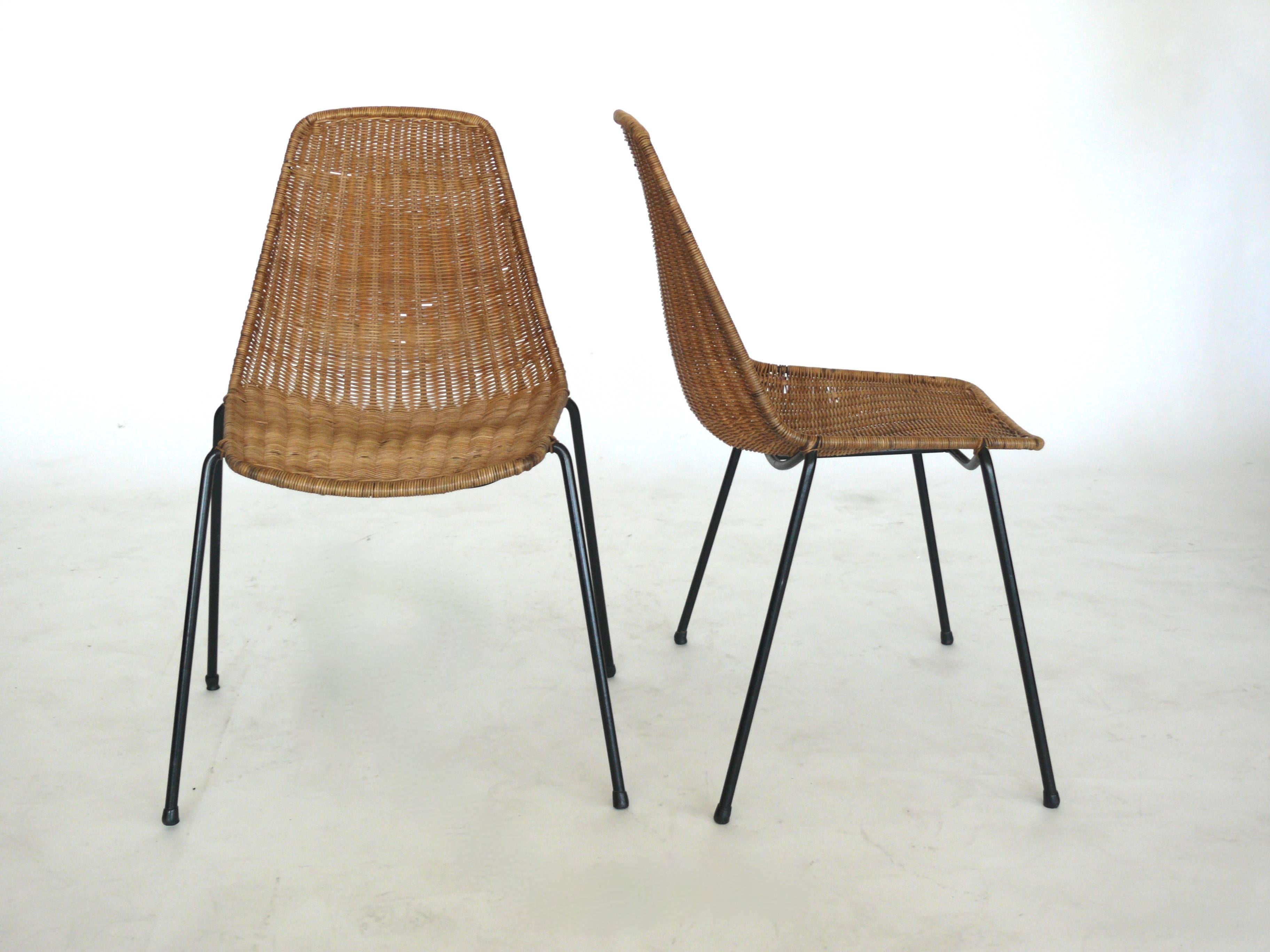 Handsome Italian wicker and iron chairs with simple bucket seat by Carlo graffi et Franco Campo.  An organic alternative to the Eames fiberglass chair!