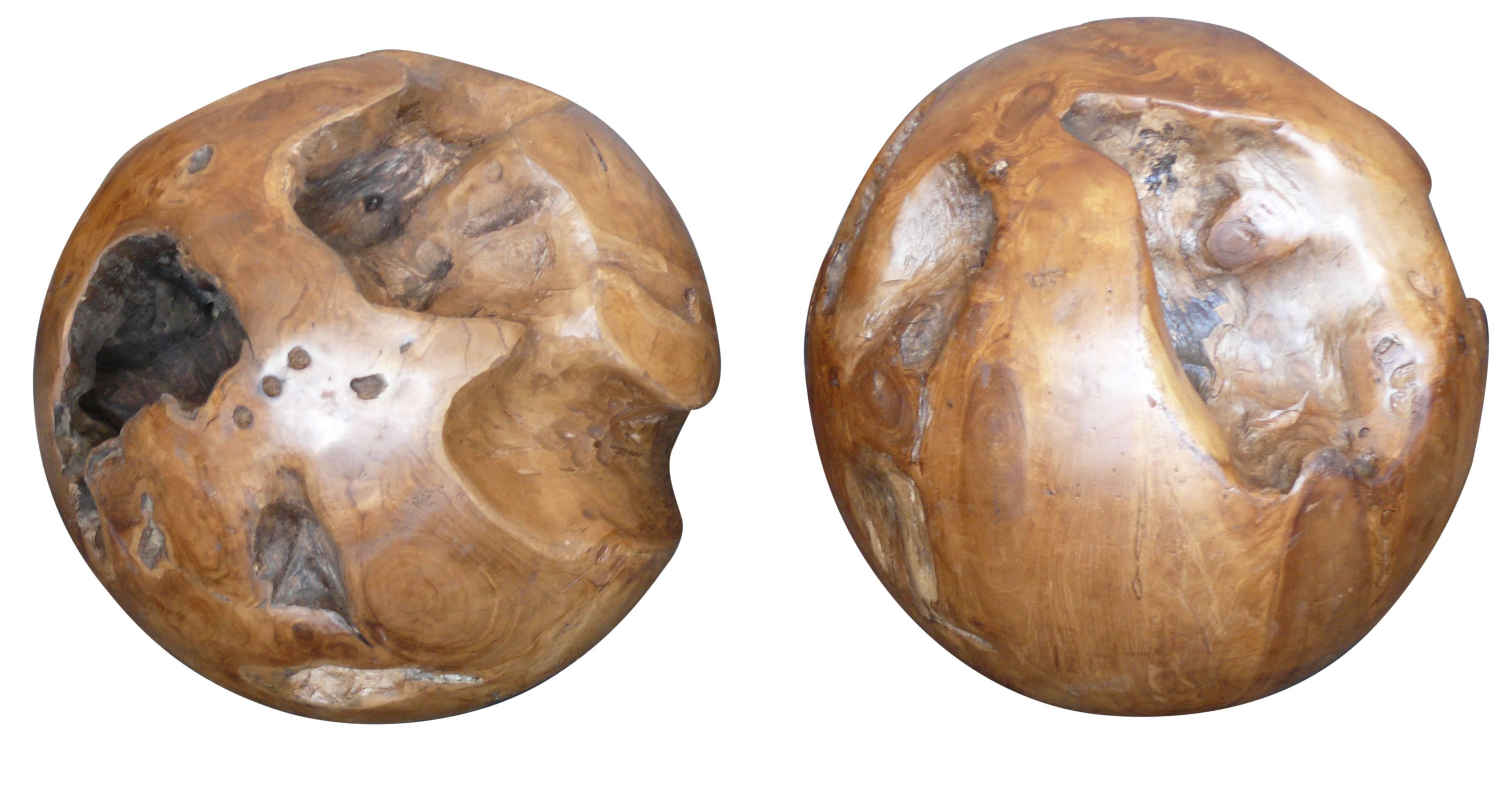 Sculptural set of large burl wood spheres or balls. Massive in scale. Each hand-carved ball is unique and in excellent vintage condition. Great stand alone sculpture or object.
Two more available and priced individually.