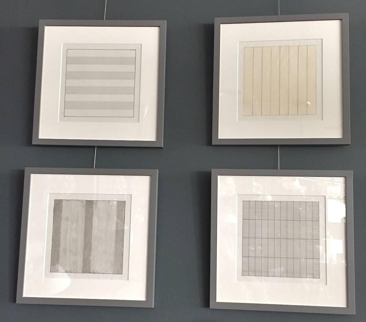 Ten individual offset prints after American/Canadian artist Agnes Martin. 
Prints accompanied 5000 limited edition book Agnes Martin "Paintings and Drawings" issued by the Stedelijk Museum in Amsterdam.
Printed on vellum and newly framed