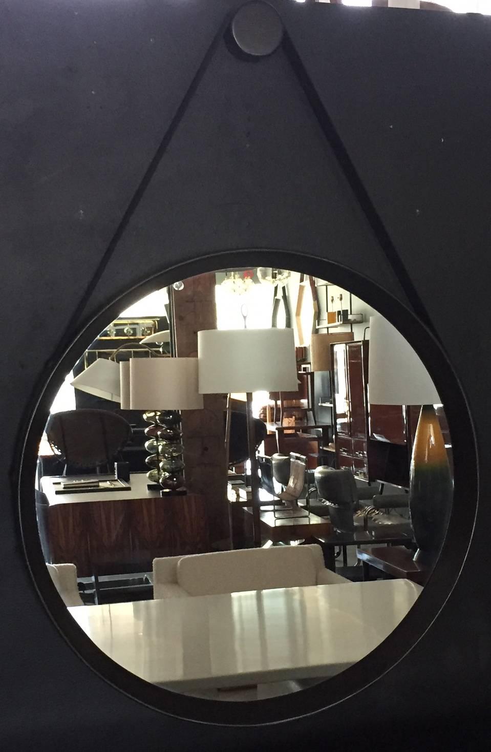 American Beverly Oak and Leather Round Mirror by Orange Los Angeles  For Sale