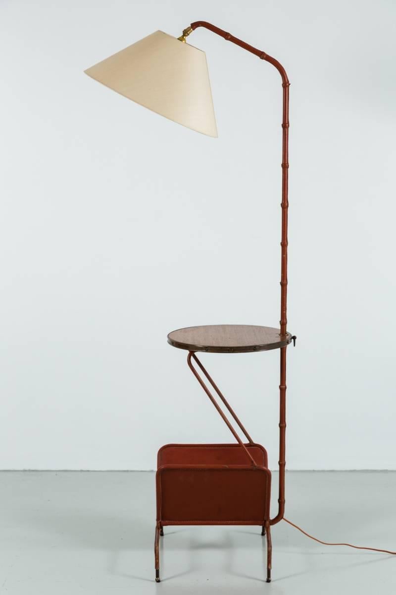 Leather Jacques Adnet Floor Lamp with Table and Magazine Rack