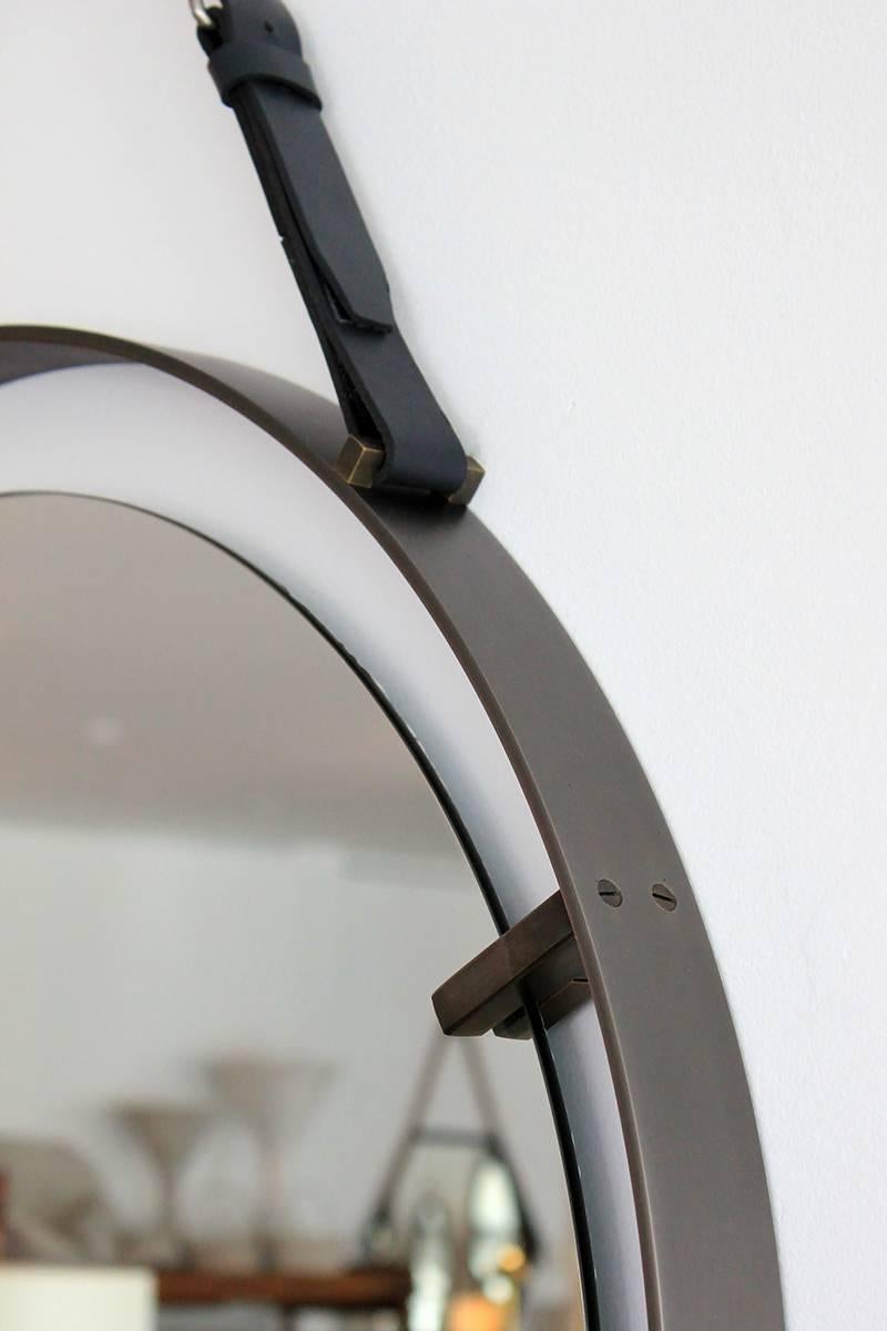 Circular Metal and Leather Mirror For Sale 1