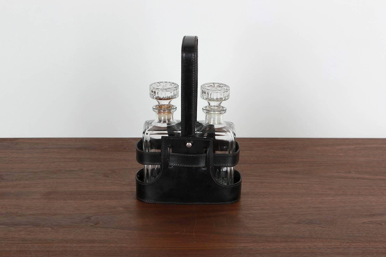 French Adnet Style Leather Holder with Decanters