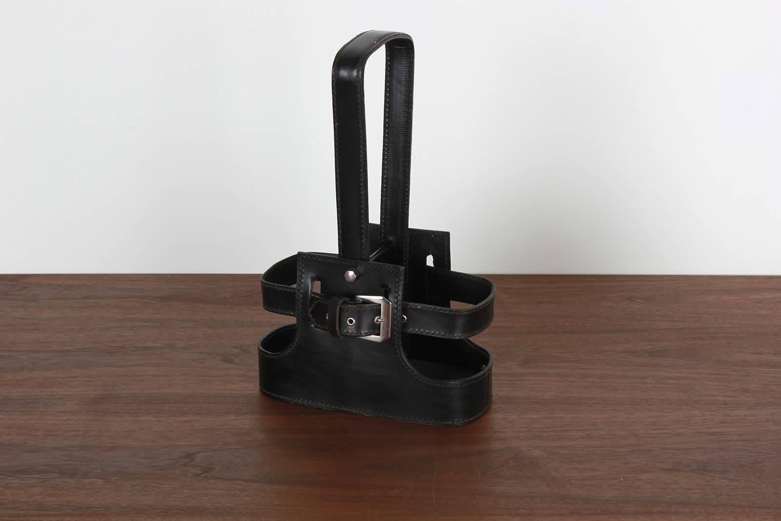 Adnet Style Leather Holder with Decanters In Excellent Condition In Beverly Hills, CA