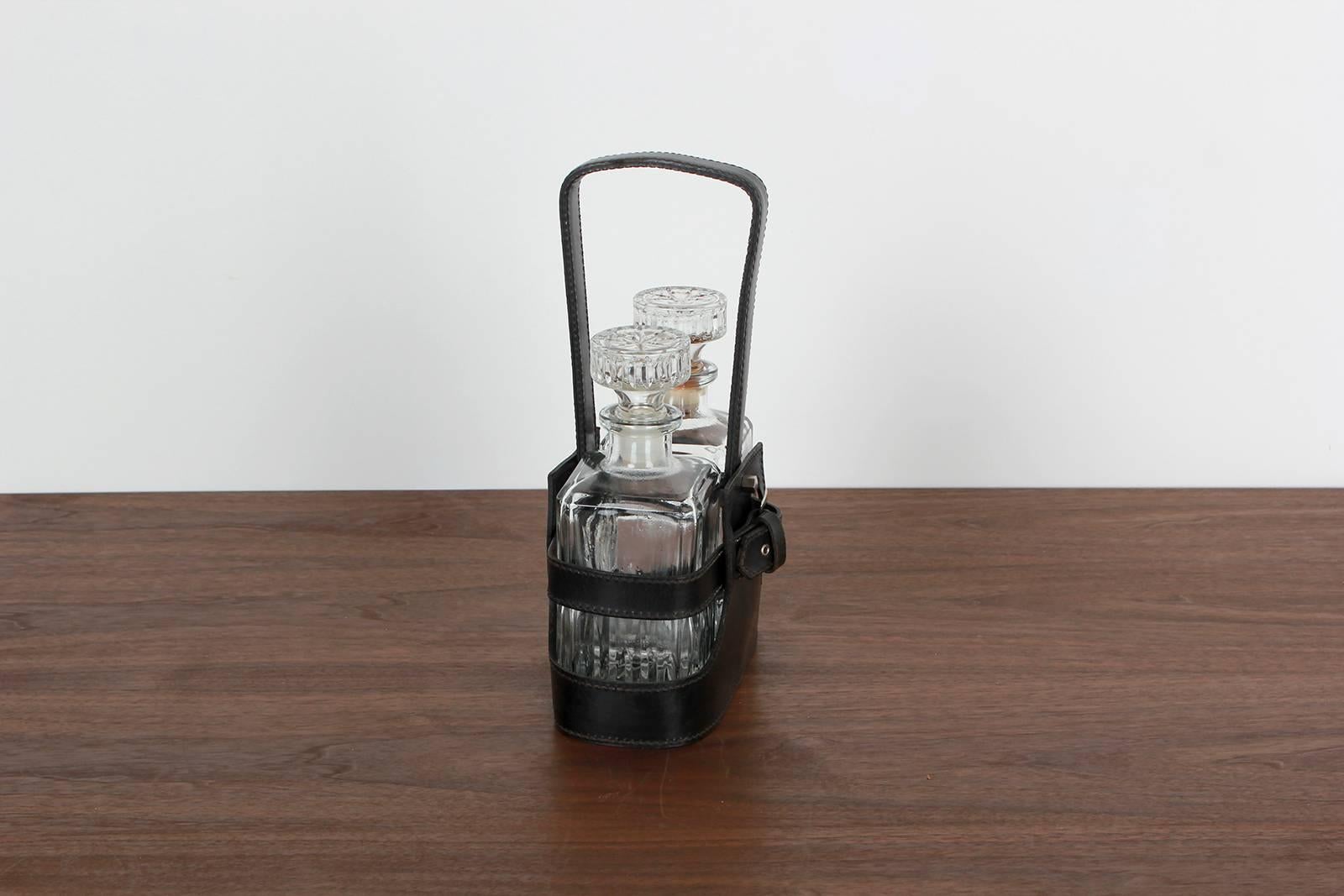 20th Century Adnet Style Leather Holder with Decanters